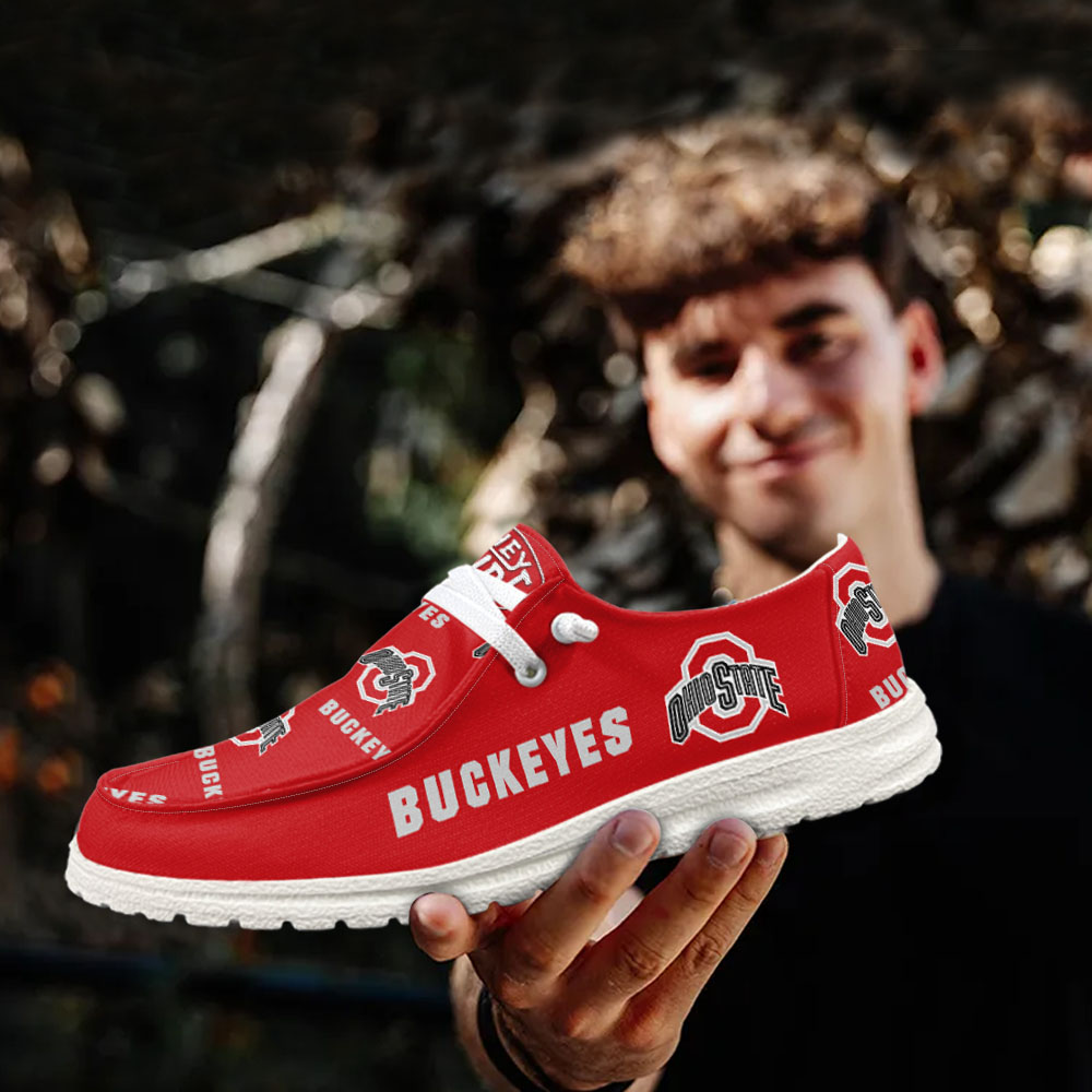 JWFancy NCAA Ohio State Buckeyes Hey Dude Shoes Wally Men's Lace Up Loafers Comfortable For Men And Women