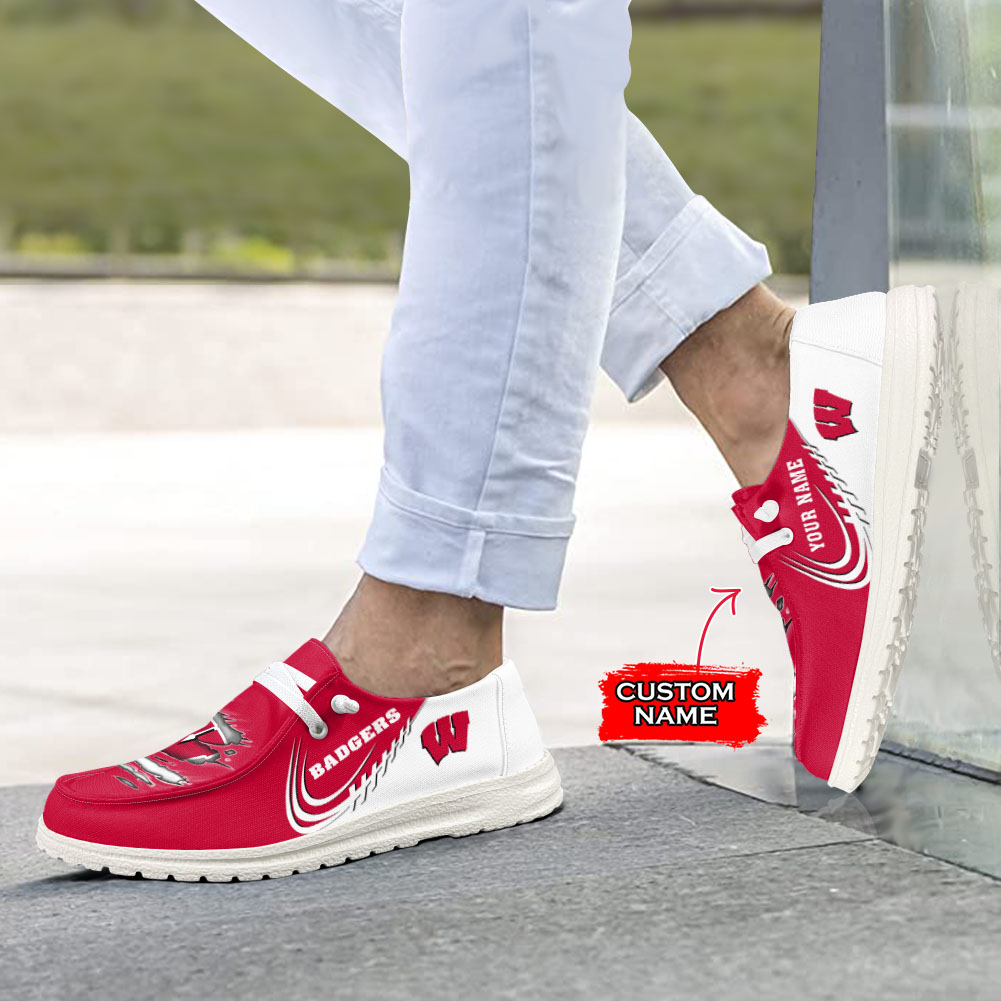 JWFancy NCAA Wisconsin Badgers Hey Dude Shoes Wally Men's Lace Up Loafers Comfortable For Men And Women