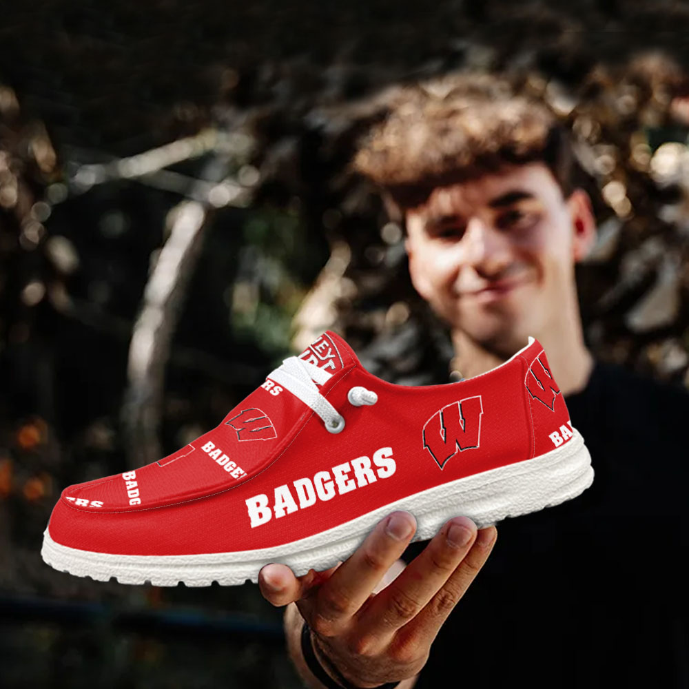 JWFancy NCAA Wisconsin Badgers Hey Dude Shoes Wally Men's Lace Up Loafers Comfortable For Men And Women