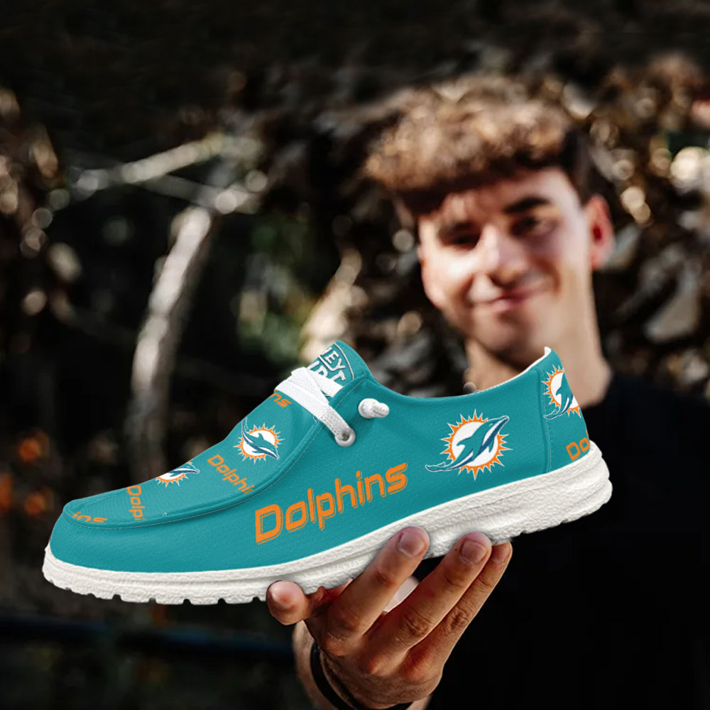 JWFancy NFL Miami Dolphins Hey Dude Shoes Wally Men's Lace Up Loafers Comfortable For Men And Women
