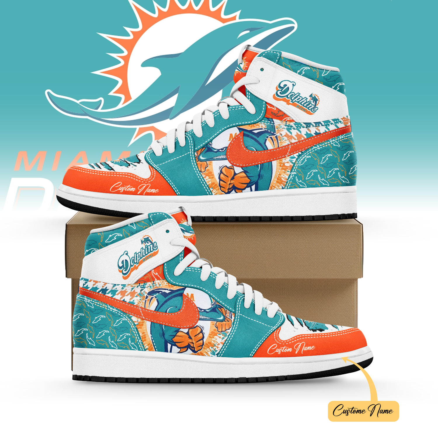 JWFancy Miami Dolphins AJ1 High Sneakers Shoes For Men And Women
