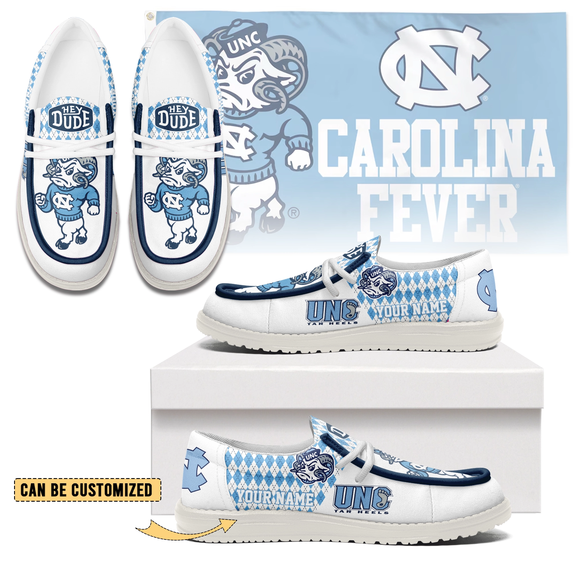 JWFancy North Carolina Tar Heels Personalized Hey Dude Shoes For Men And Women