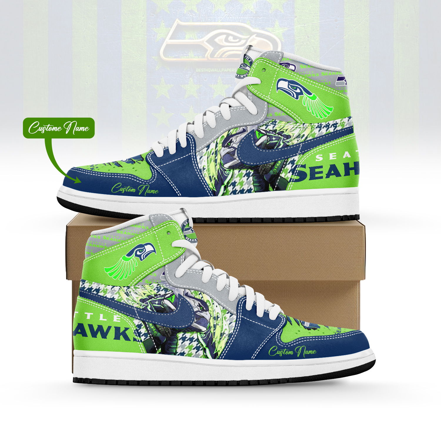 JWFancy Seattle Seahawks AJ1 High Sneakers Shoes For Men And Women