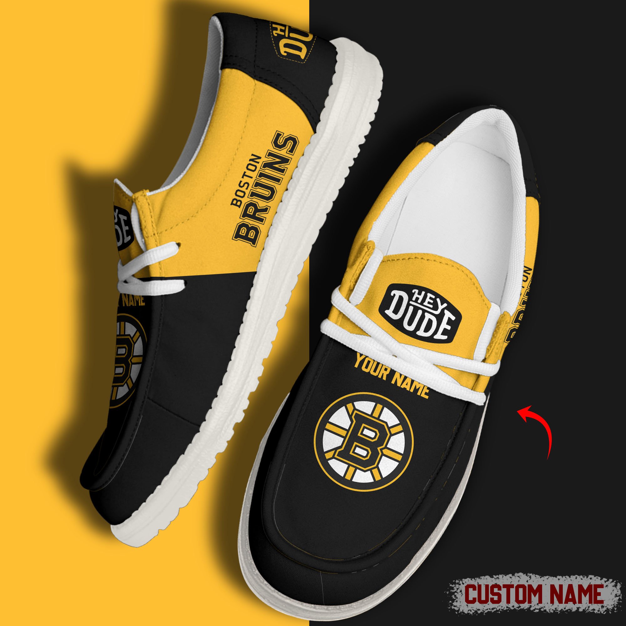 JWFancy Boston Bruins Hey Dude Shoes Wally Men's Lace Up Loafers Comfortable For Men And Women