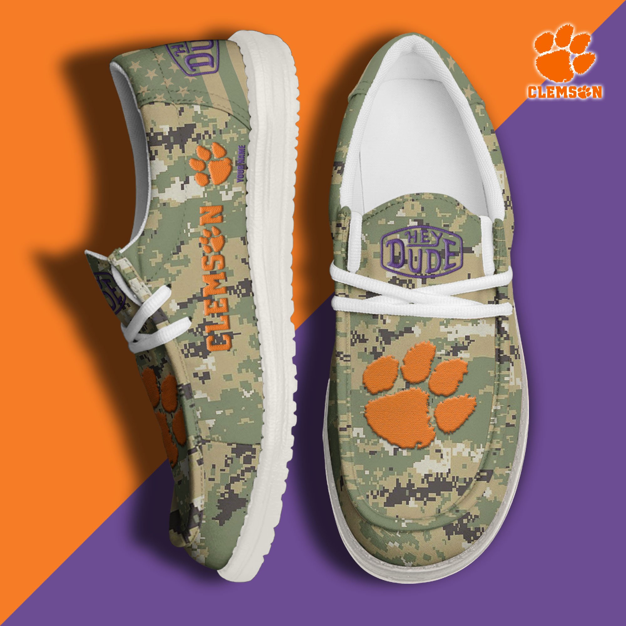 JWFancy Clemson Tigers Hey Dude Shoes Wally Men's Lace Up Loafers Comfortable For Men And Women