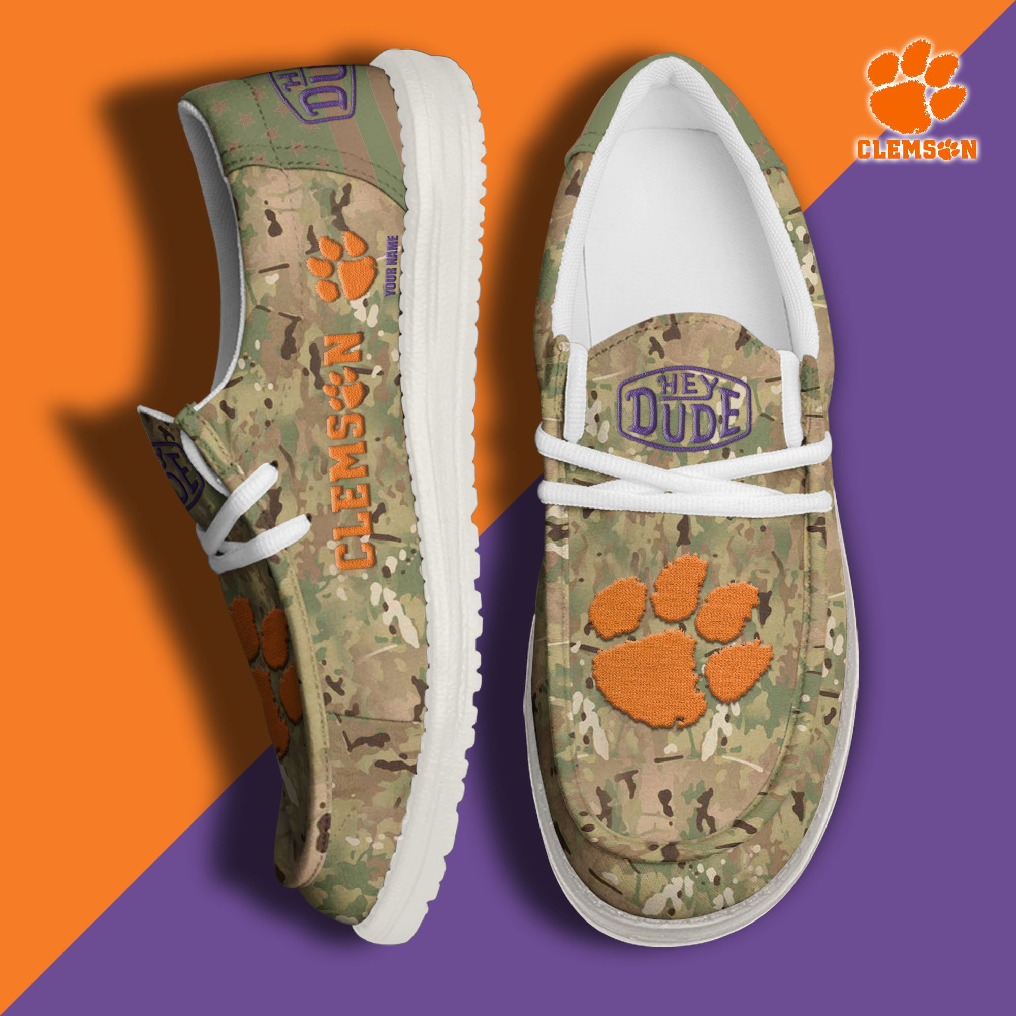 JWFancy Clemson Tigers Hey Dude Shoes Wally Men's Lace Up Loafers Comfortable For Men And Women