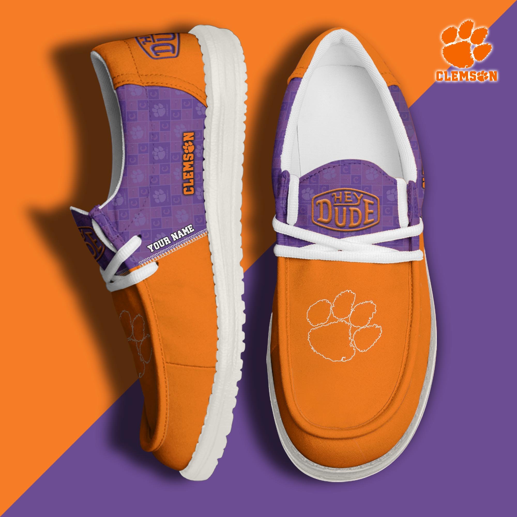 JWFancy Clemson Tigers Hey Dude Shoes Wally Men's Lace Up Loafers Comfortable For Men And Women