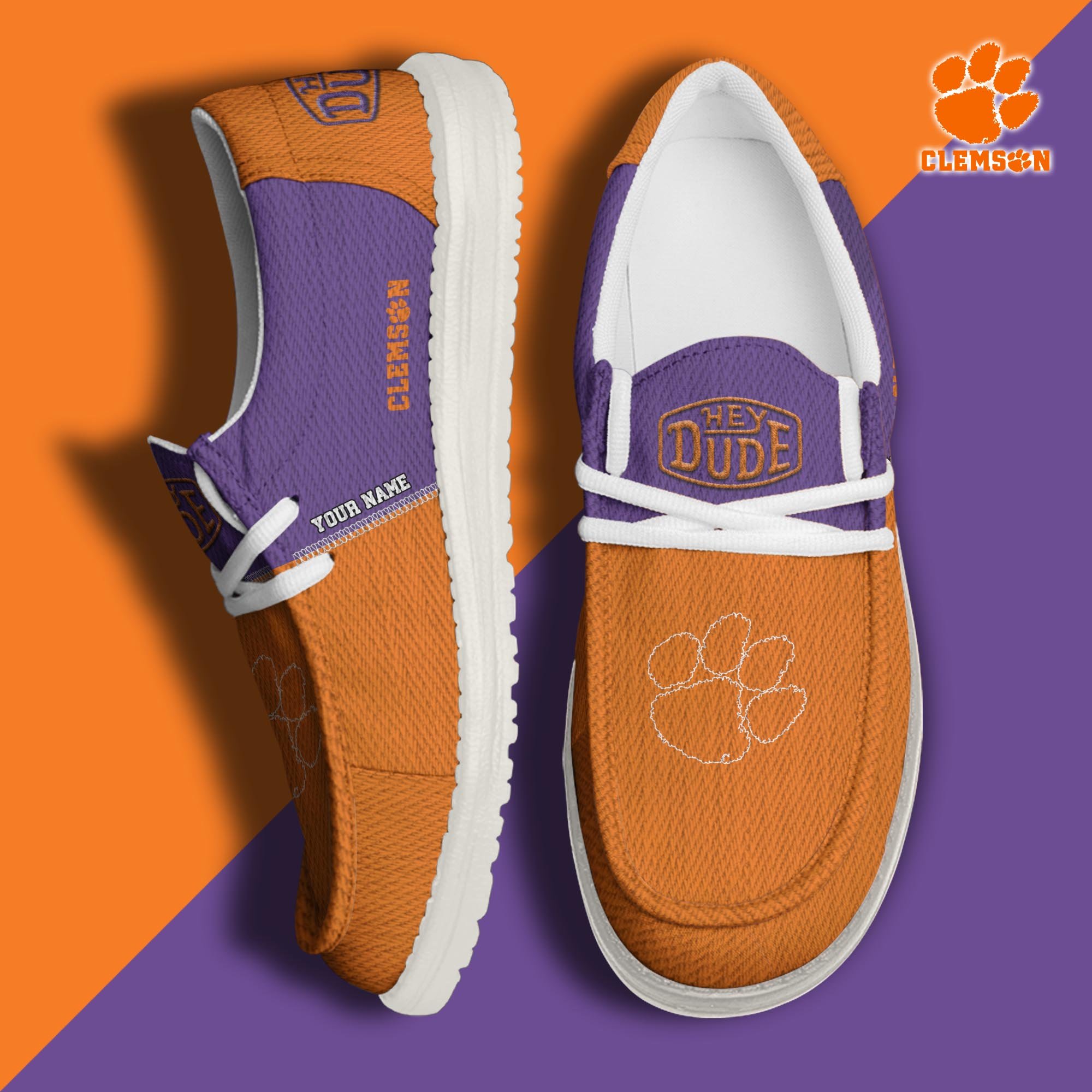 JWFancy Clemson Tigers Hey Dude Shoes Wally Men's Lace Up Loafers Comfortable For Men And Women