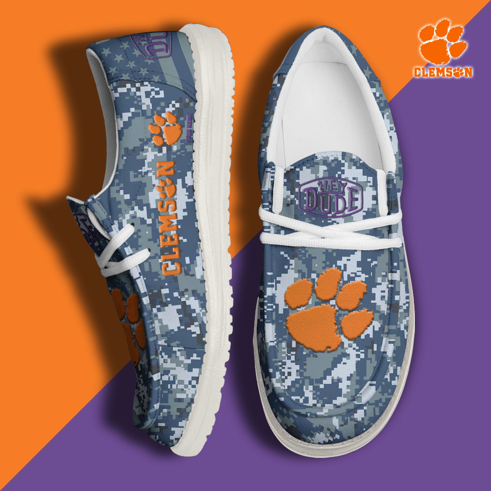 JWFancy Clemson Tigers Hey Dude Shoes Wally Men's Lace Up Loafers Comfortable For Men And Women