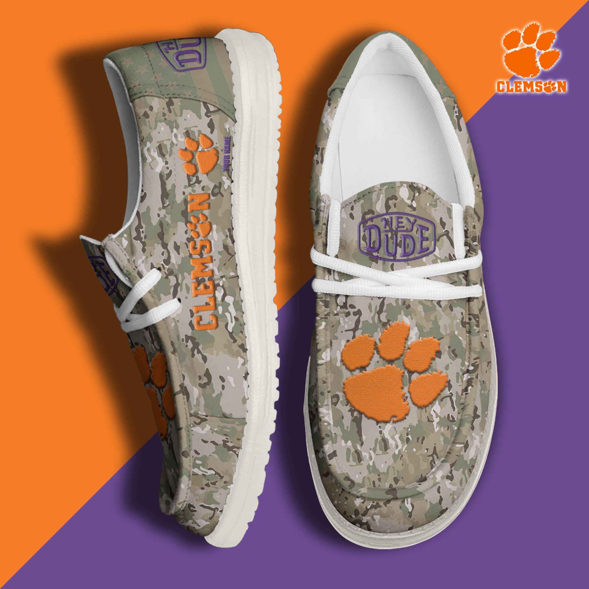 JWFancy Clemson Tigers Hey Dude Shoes Wally Men's Lace Up Loafers Comfortable For Men And Women