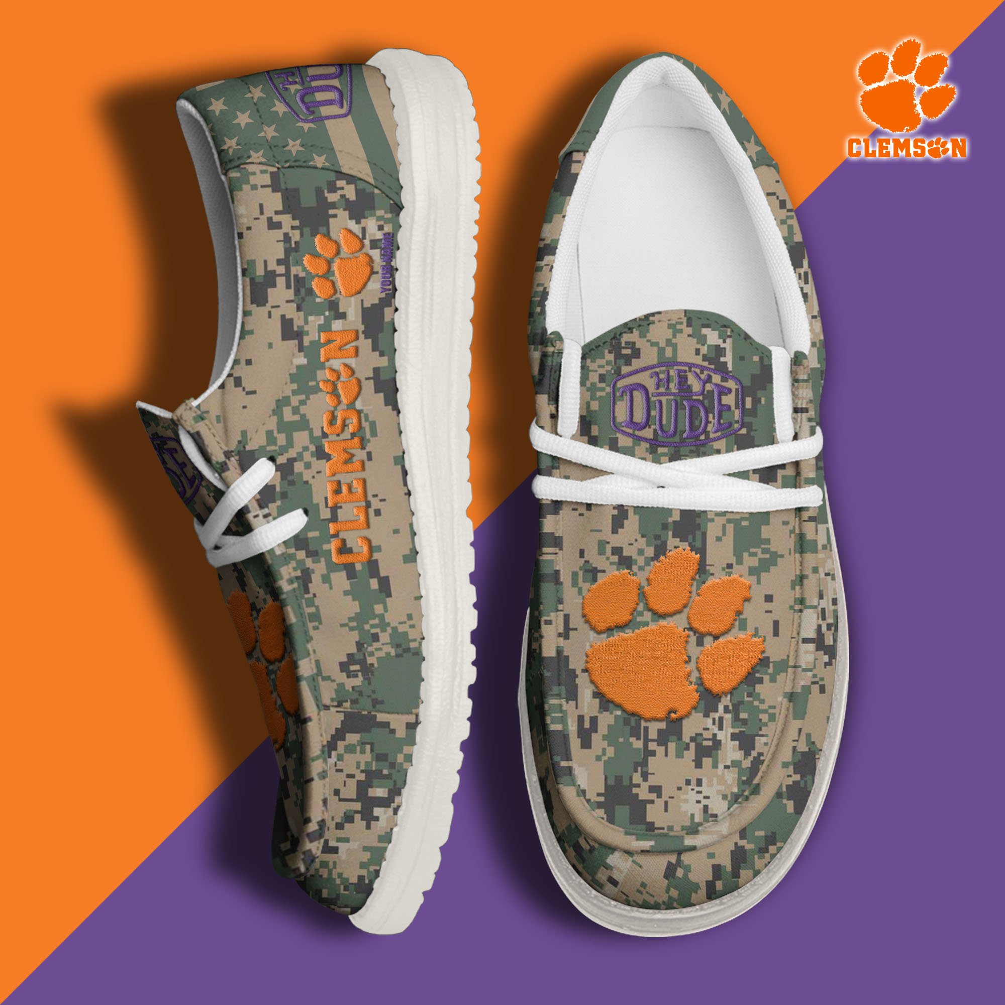 JWFancy Clemson Tigers Hey Dude Shoes Wally Men's Lace Up Loafers Comfortable For Men And Women
