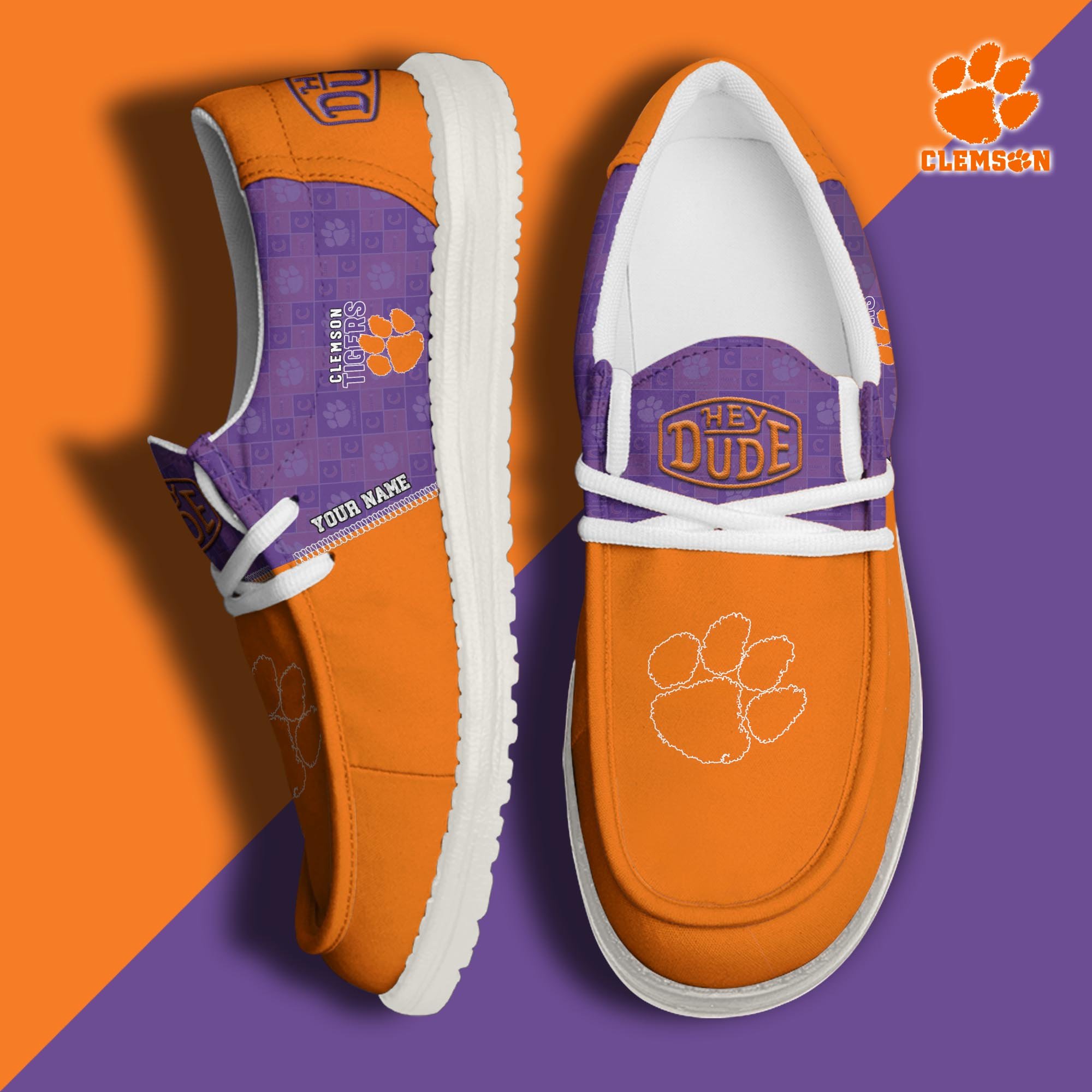 JWFancy Clemson Tigers Hey Dude Shoes Wally Men's Lace Up Loafers Comfortable For Men And Women