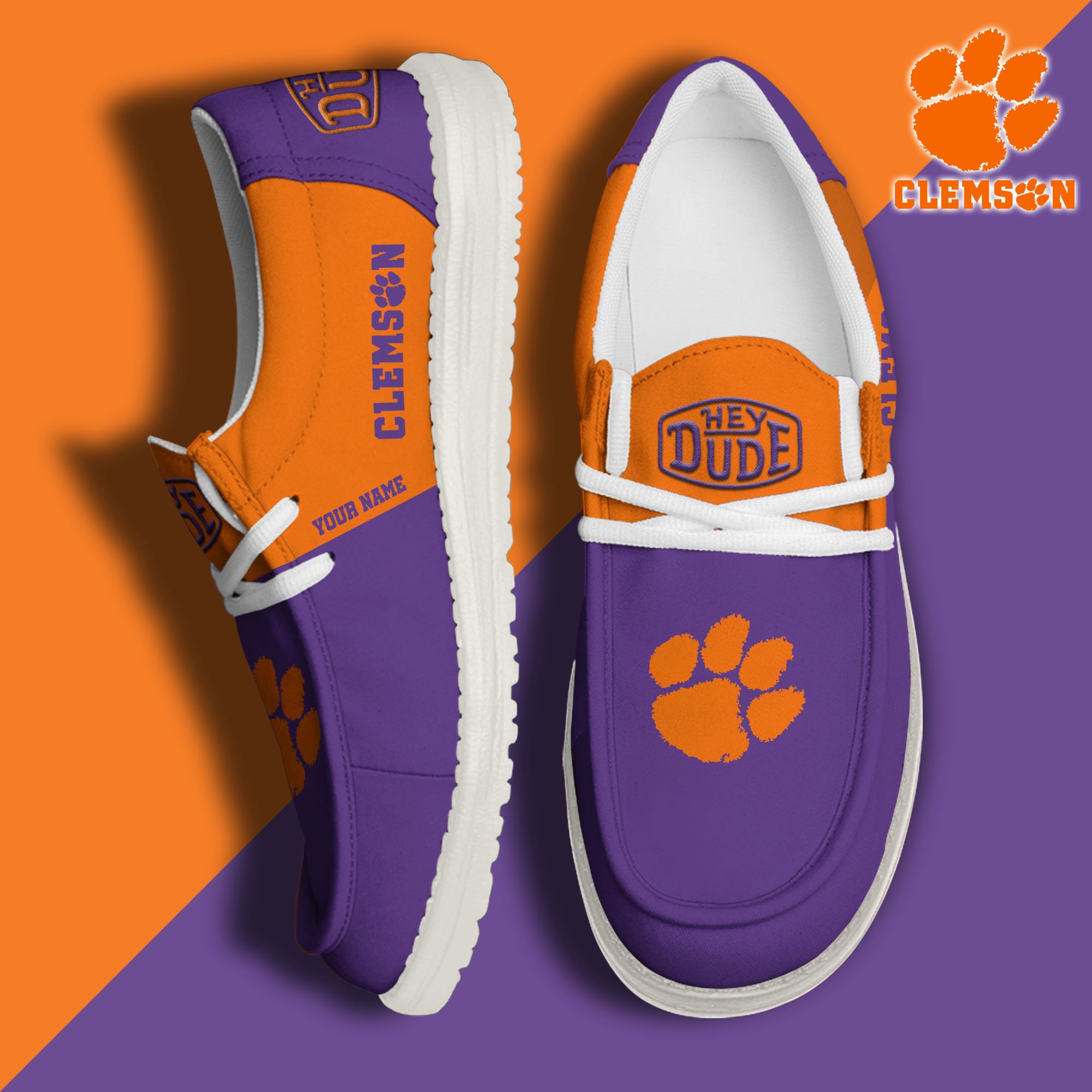 JWFancy Clemson Tigers Hey Dude Shoes Wally Men's Lace Up Loafers Comfortable For Men And Women