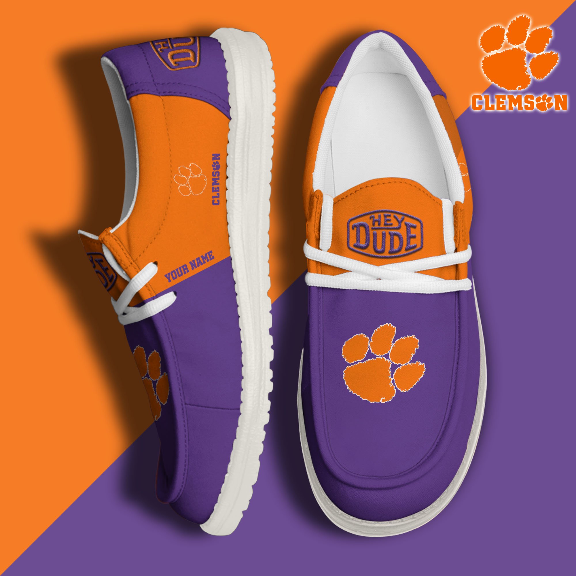 JWFancy Clemson Tigers Hey Dude Shoes Wally Men's Lace Up Loafers Comfortable For Men And Women
