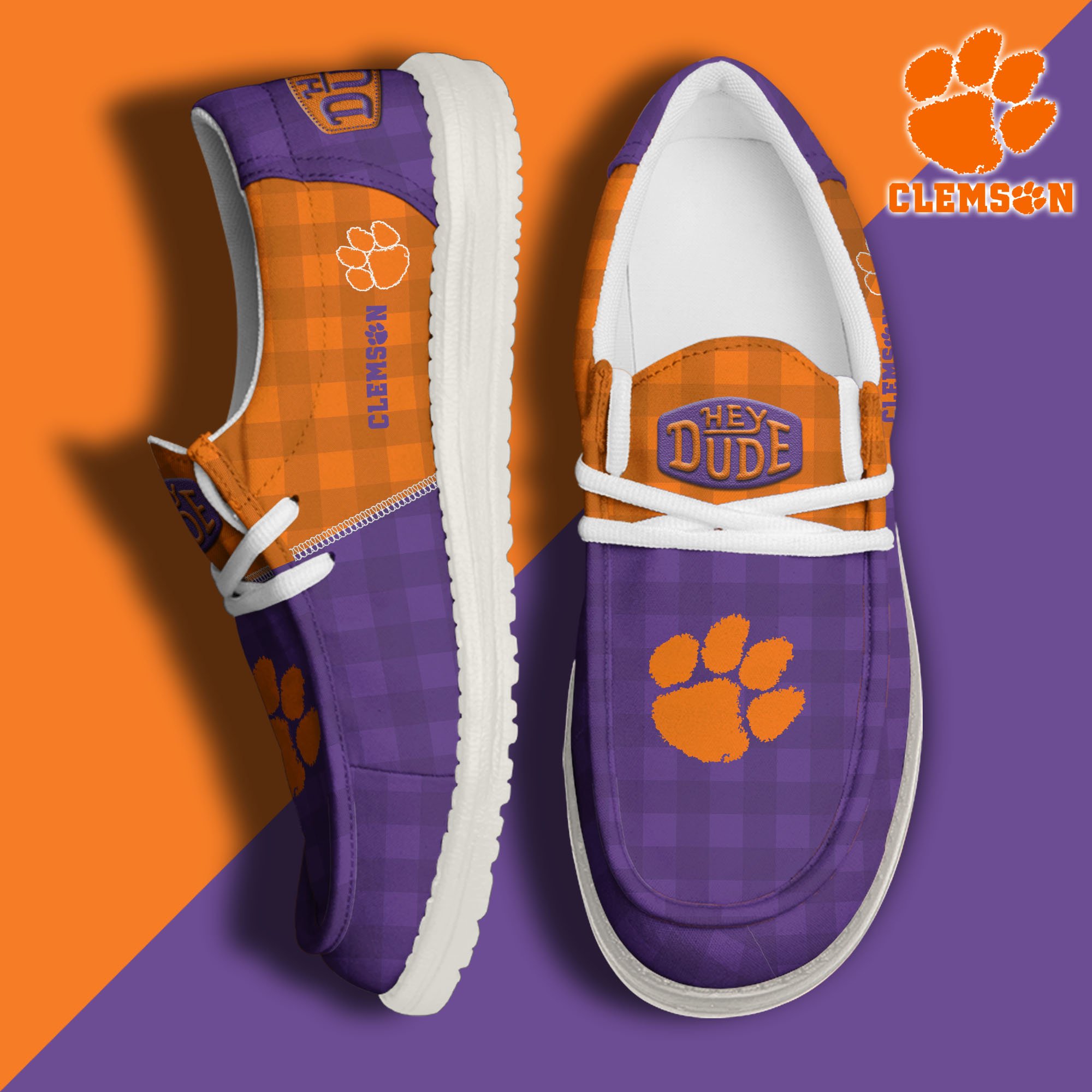 JWFancy Clemson Tigers Hey Dude Shoes Wally Men's Lace Up Loafers Comfortable For Men And Women