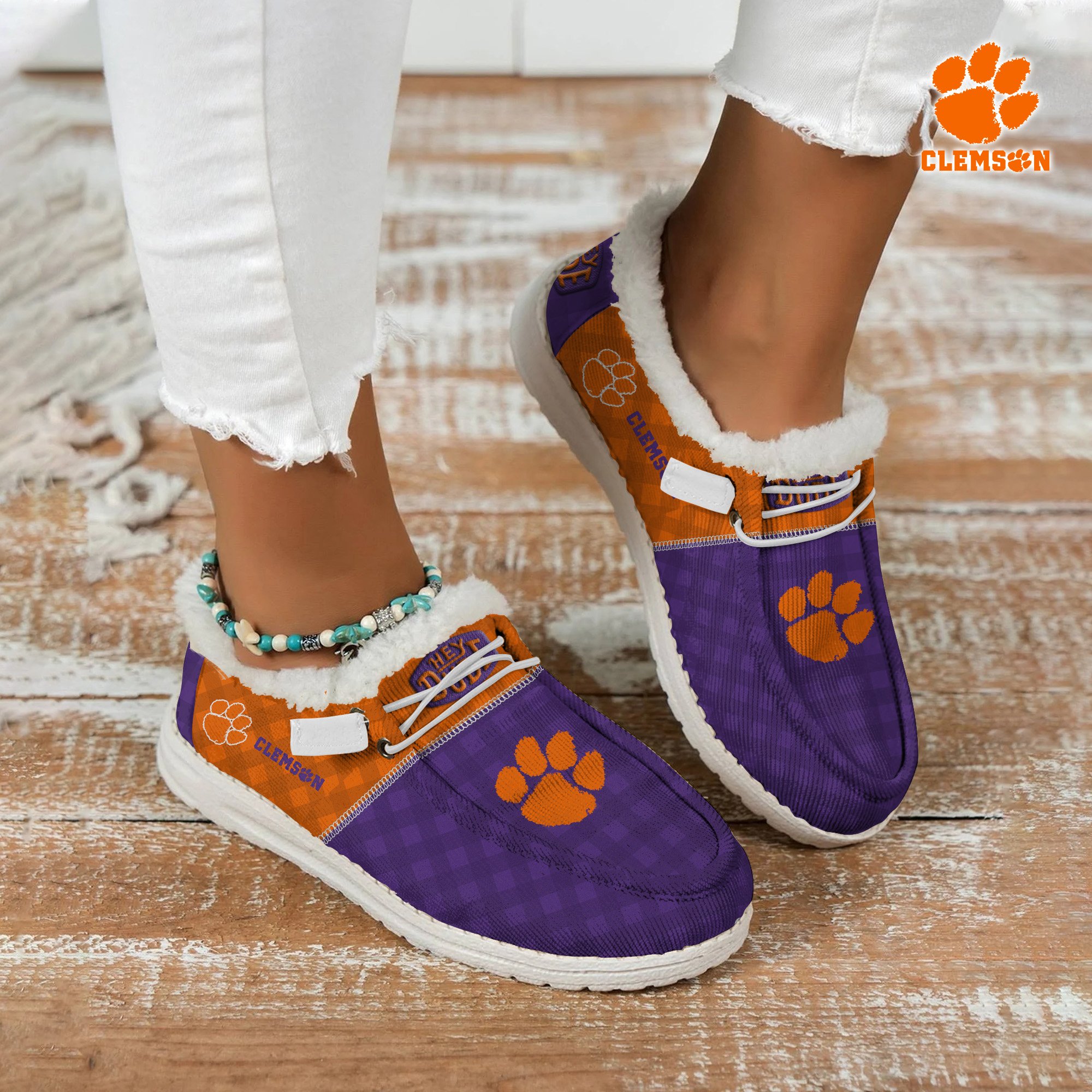 JWFancy Clemson Tigers Hey Dude Shoes Wally Men's Lace Up Loafers Comfortable For Men And Women