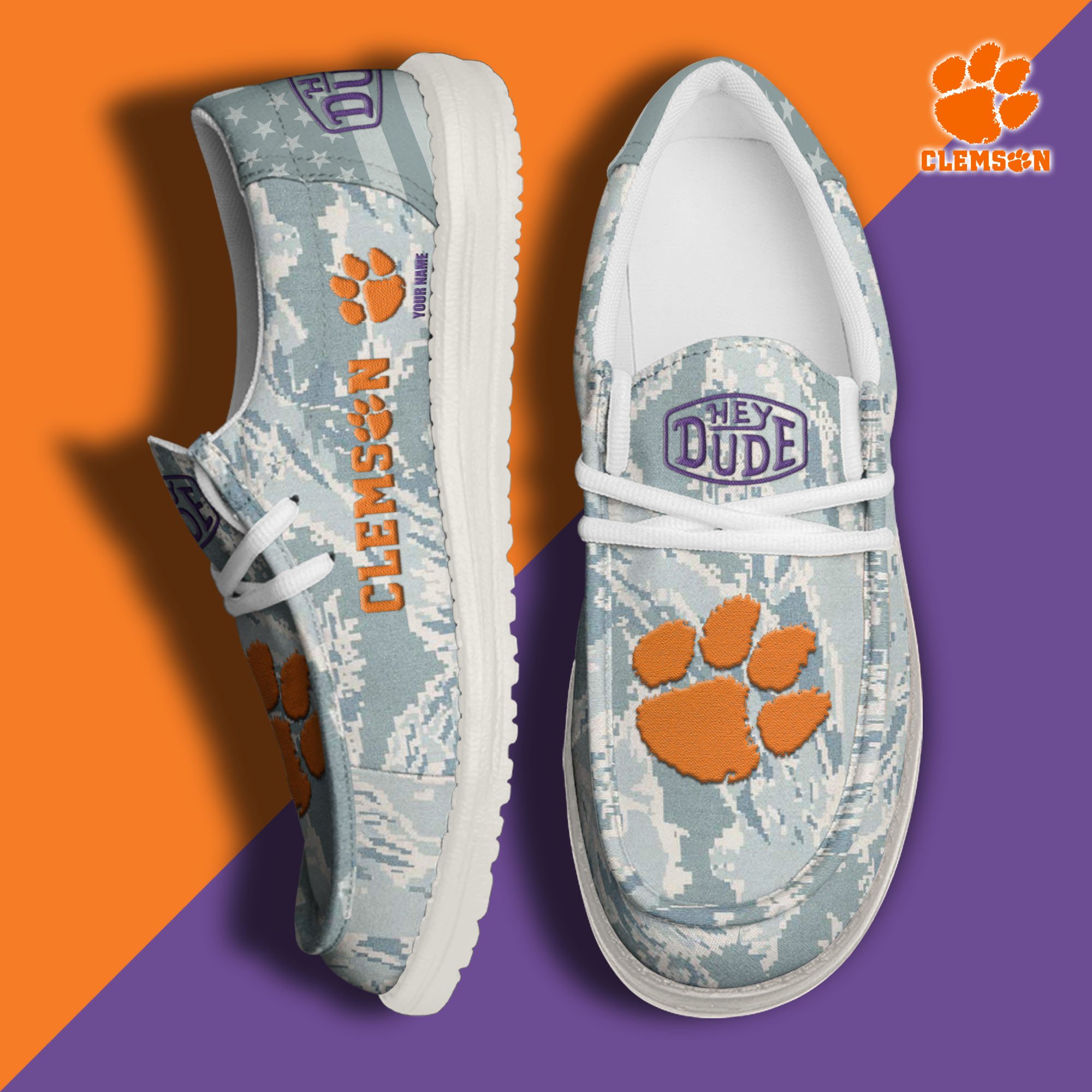 JWFancy Clemson Tigers Hey Dude Shoes Wally Men's Lace Up Loafers Comfortable For Men And Women