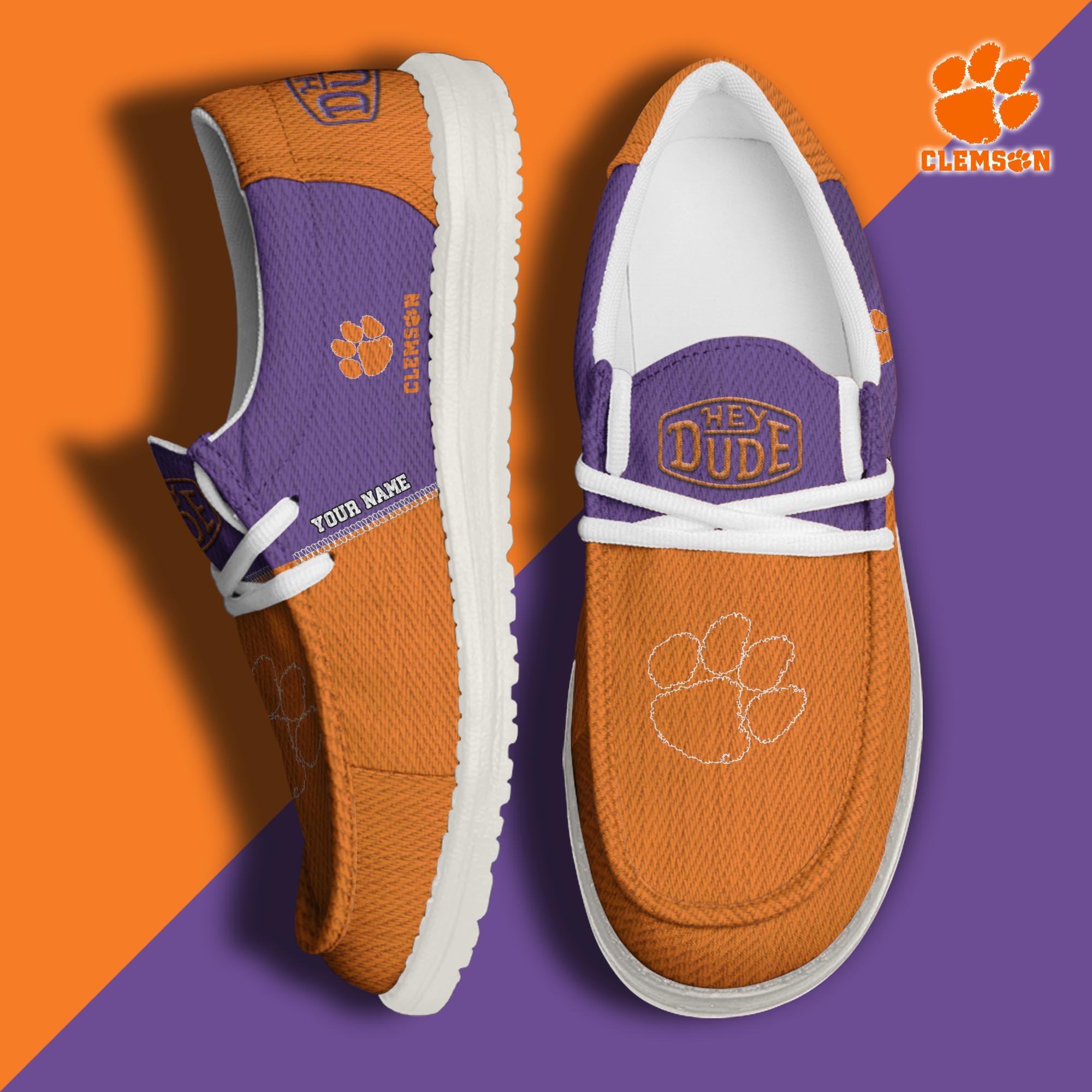 JWFancy Clemson Tigers Hey Dude Shoes Wally Men's Lace Up Loafers Comfortable For Men And Women