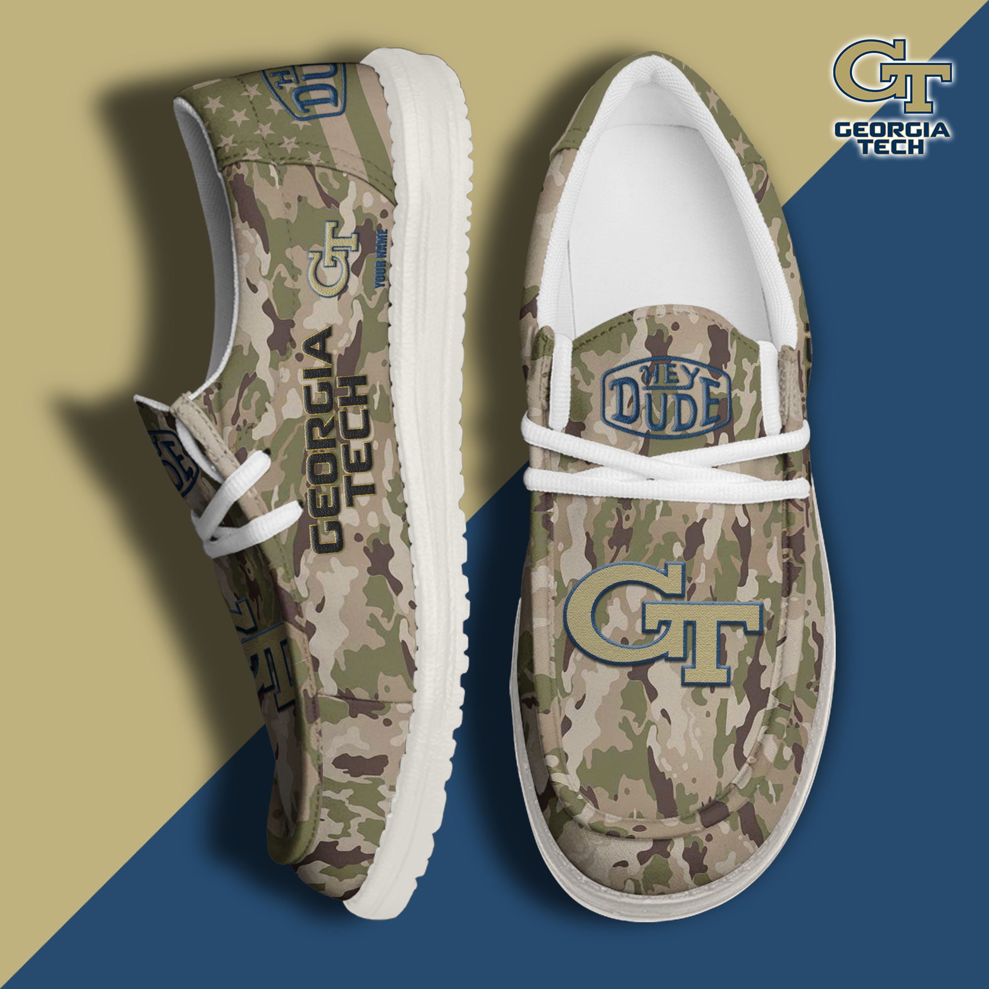 JWFancy Georgia Tech Yellow Jackets Hey Dude Shoes Wally Men's Lace Up Loafers Comfortable For Men And Women