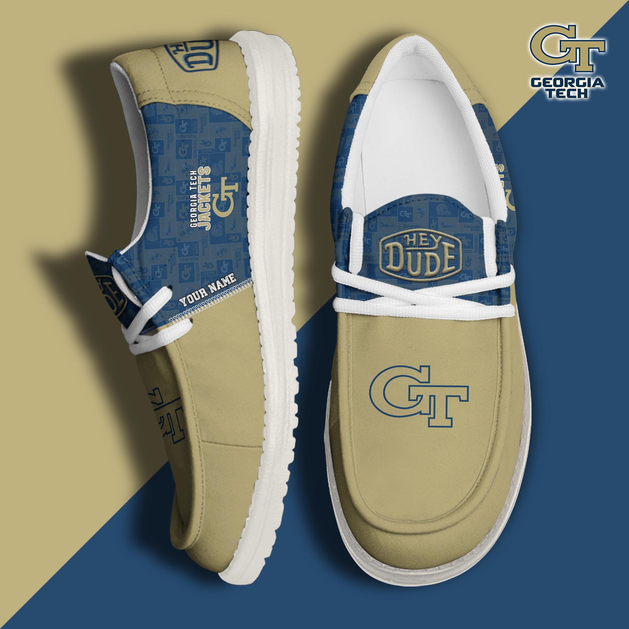 JWFancy Georgia Tech Yellow Jackets Hey Dude Shoes Wally Men's Lace Up Loafers Comfortable For Men And Women