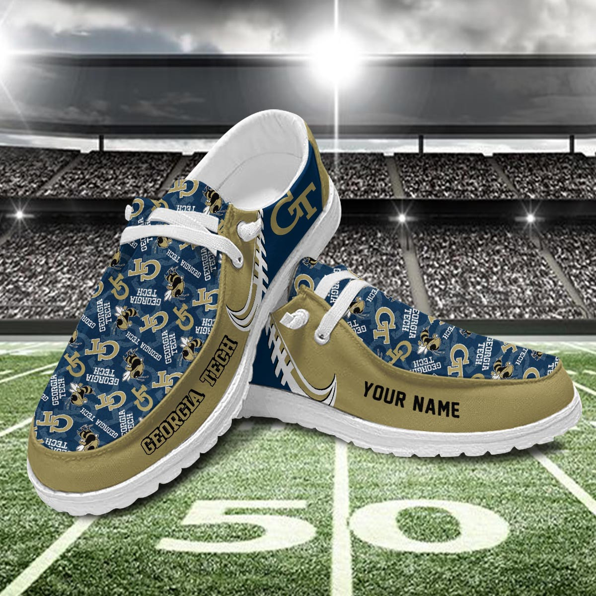 JWFancy Georgia Tech Yellow Jackets Hey Dude Shoes Wally Men's Lace Up Loafers Comfortable For Men And Women
