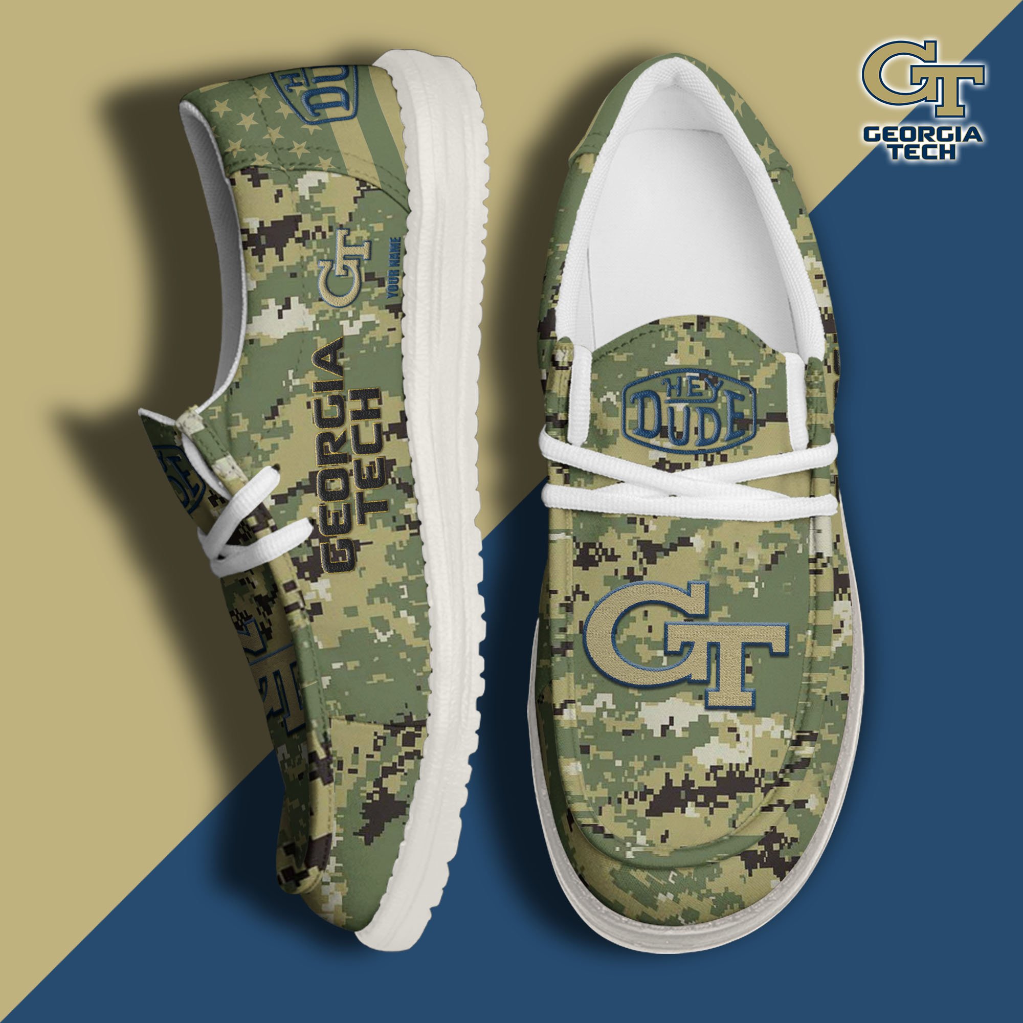 JWFancy Georgia Tech Yellow Jackets Hey Dude Shoes Wally Men's Lace Up Loafers Comfortable For Men And Women