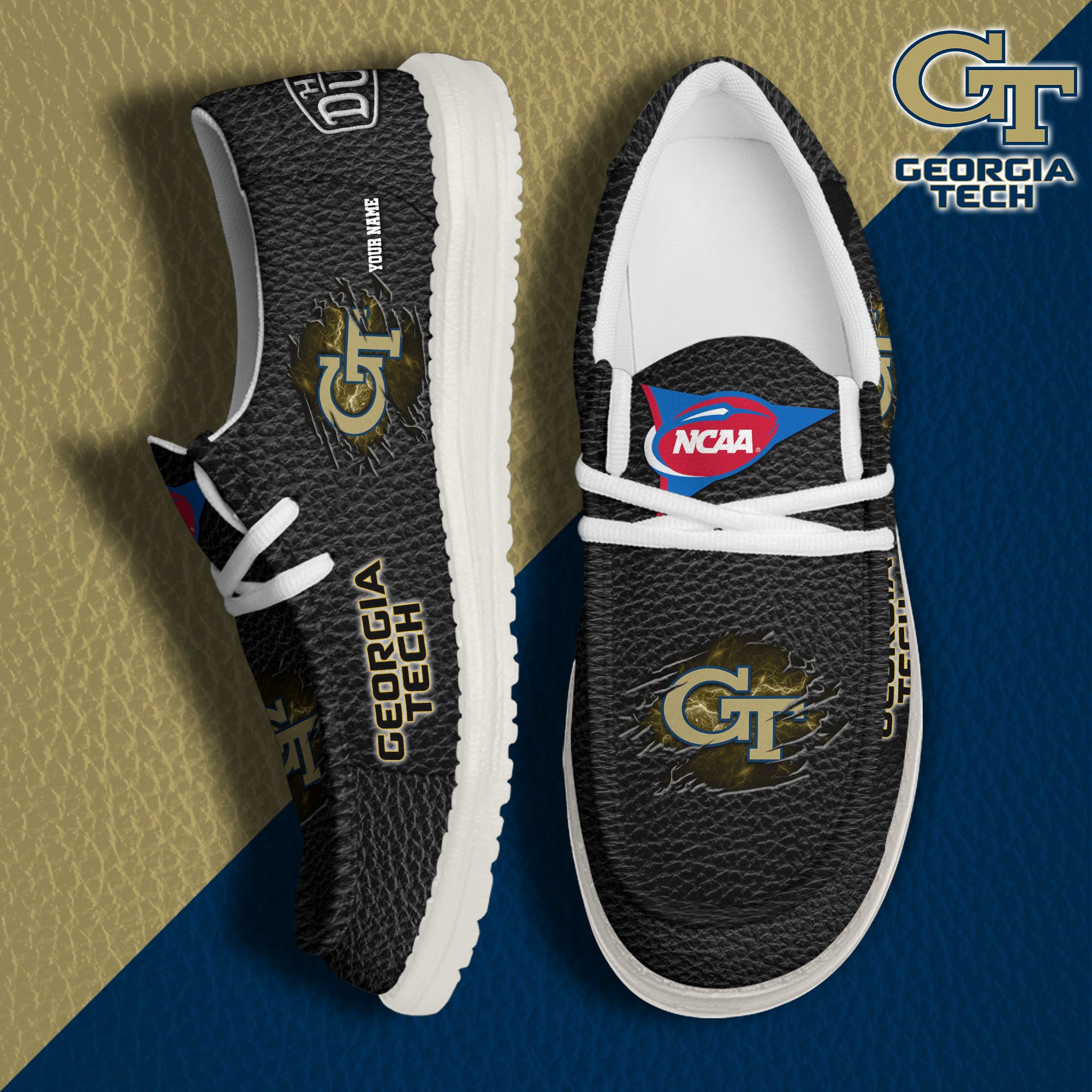 JWFancy Georgia Tech Yellow Jackets Hey Dude Shoes Wally Men's Lace Up Loafers Comfortable For Men And Women