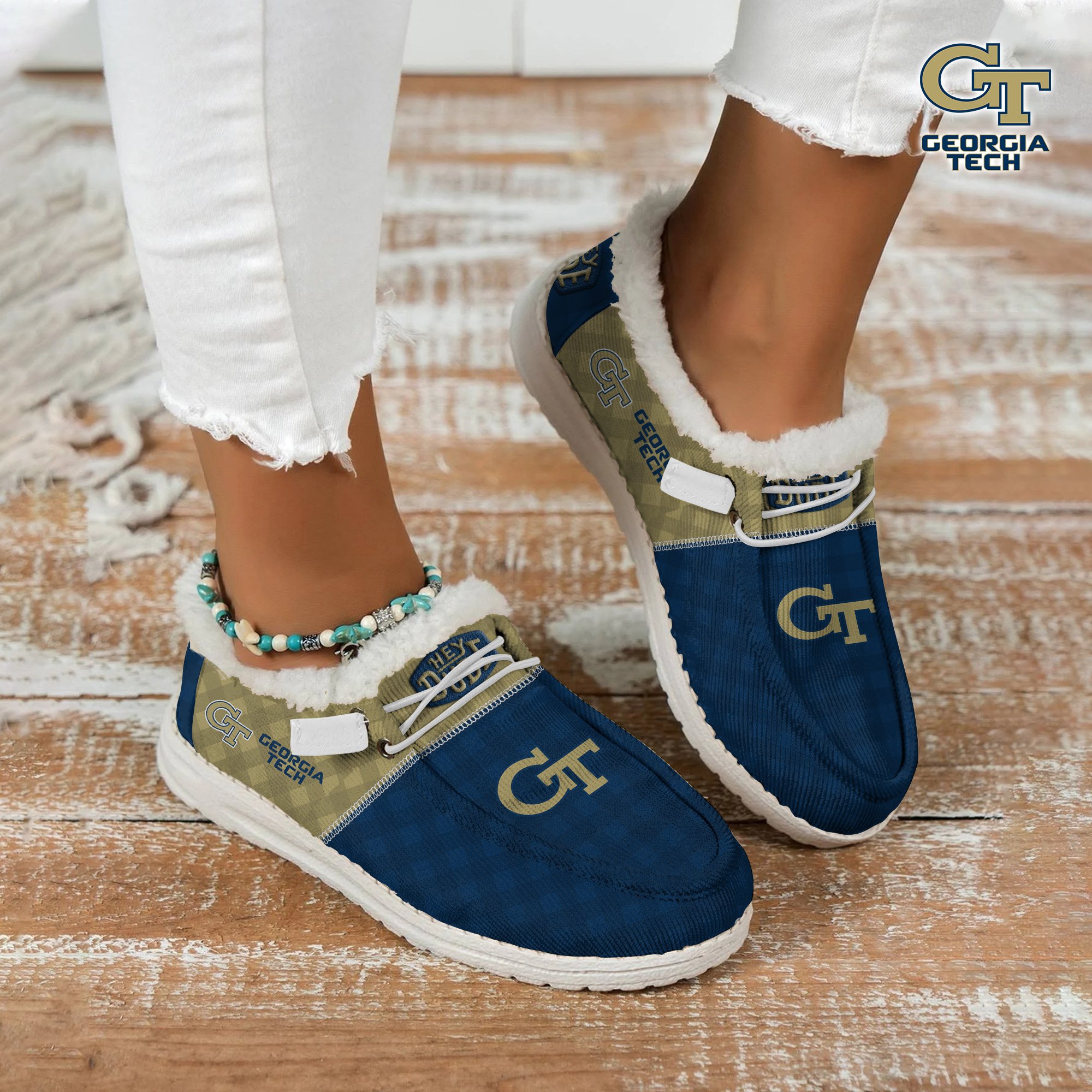 JWFancy Georgia Tech Yellow Jackets Hey Dude Shoes Wally Men's Lace Up Loafers Comfortable For Men And Women