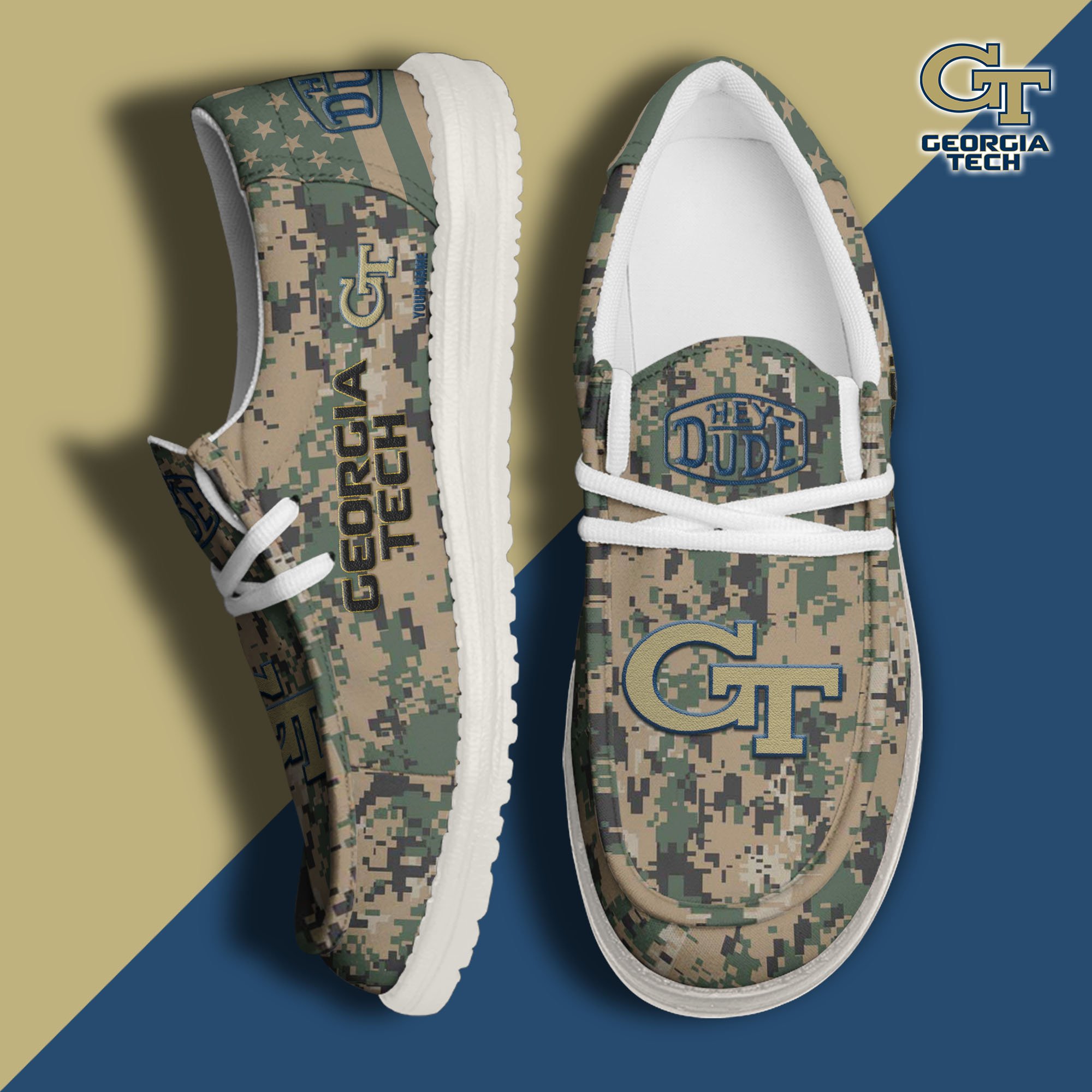 JWFancy Georgia Tech Yellow Jackets Hey Dude Shoes Wally Men's Lace Up Loafers Comfortable For Men And Women