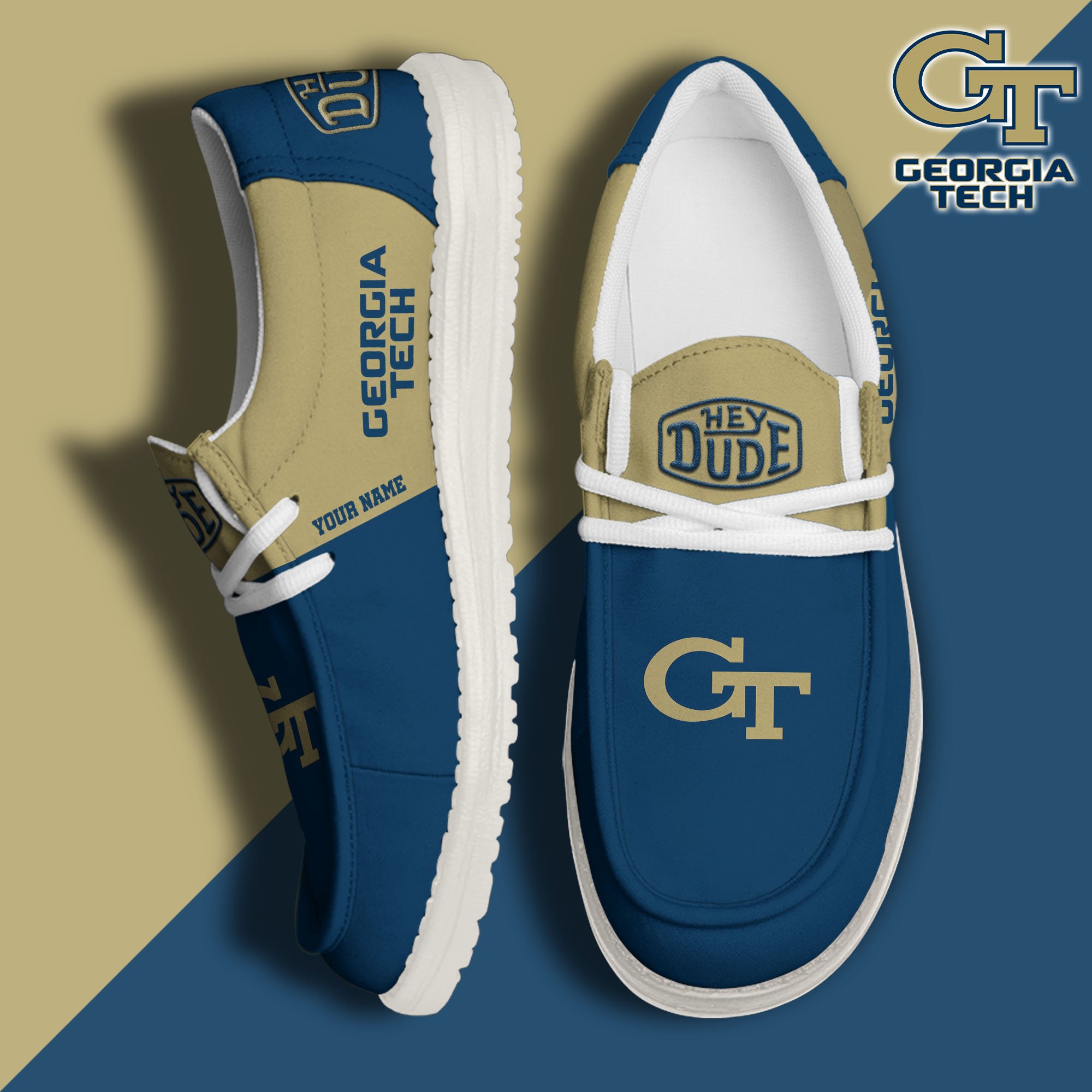 JWFancy Georgia Tech Yellow Jackets Hey Dude Shoes Wally Men's Lace Up Loafers Comfortable For Men And Women