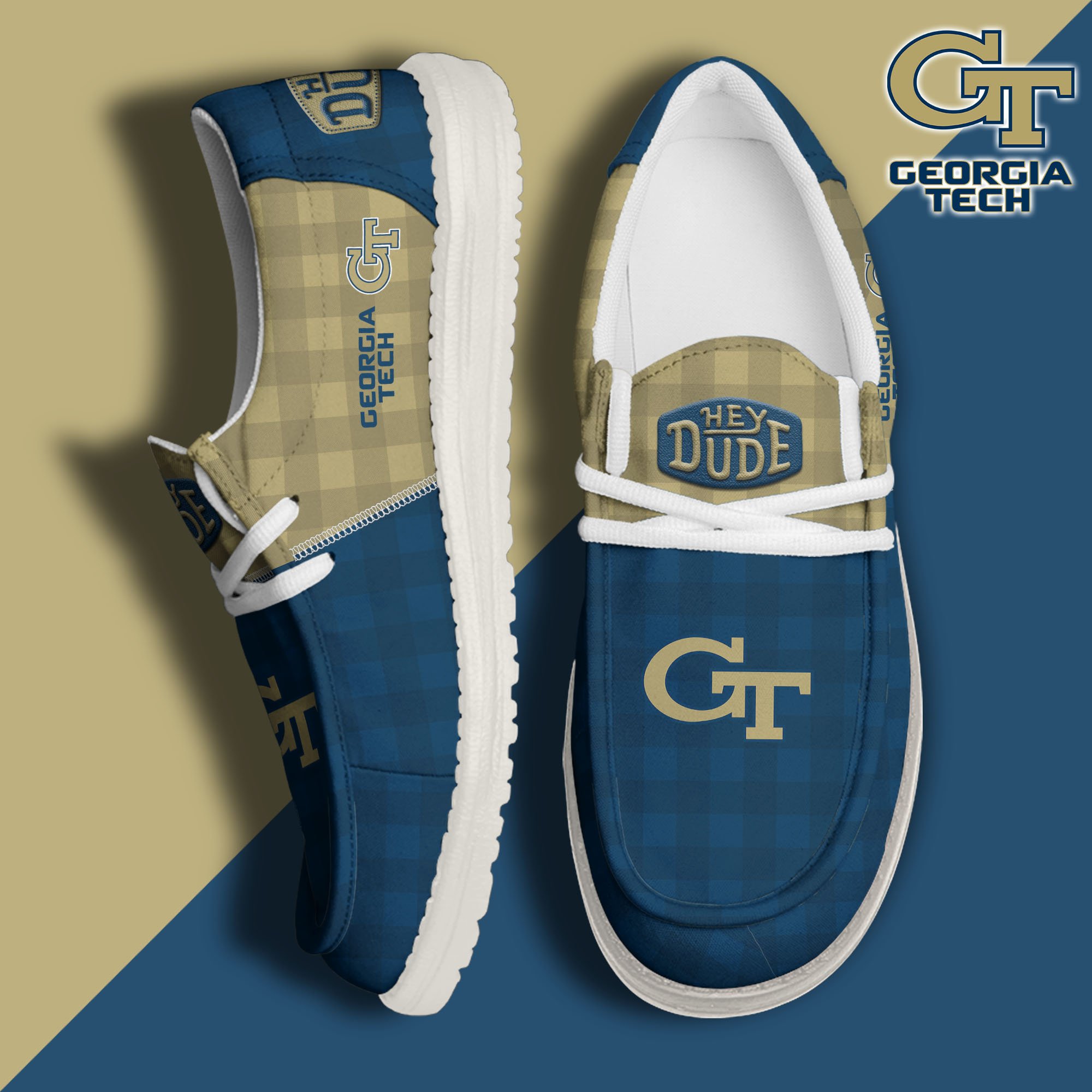 JWFancy Georgia Tech Yellow Jackets Hey Dude Shoes Wally Men's Lace Up Loafers Comfortable For Men And Women