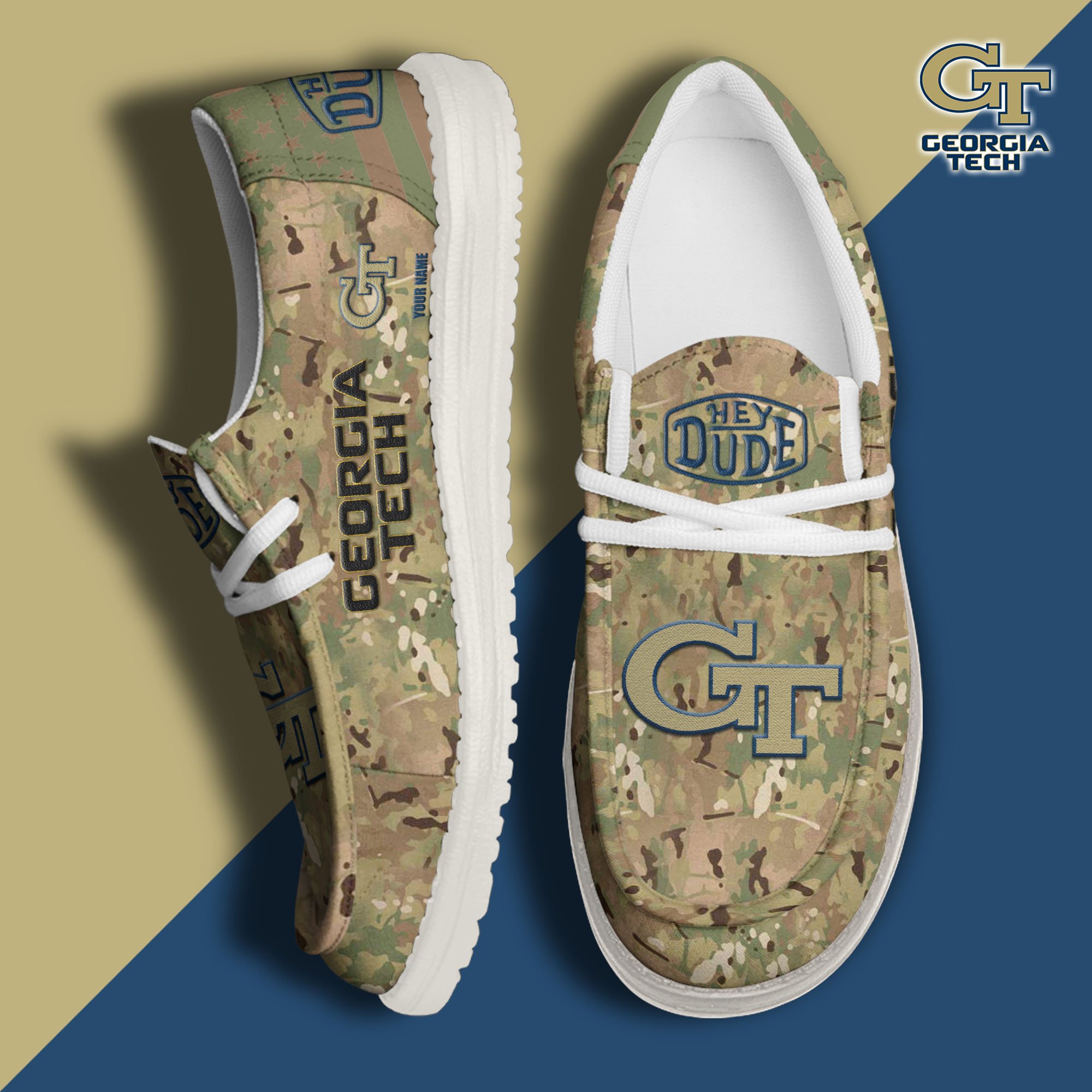 JWFancy Georgia Tech Yellow Jackets Hey Dude Shoes Wally Men's Lace Up Loafers Comfortable For Men And Women