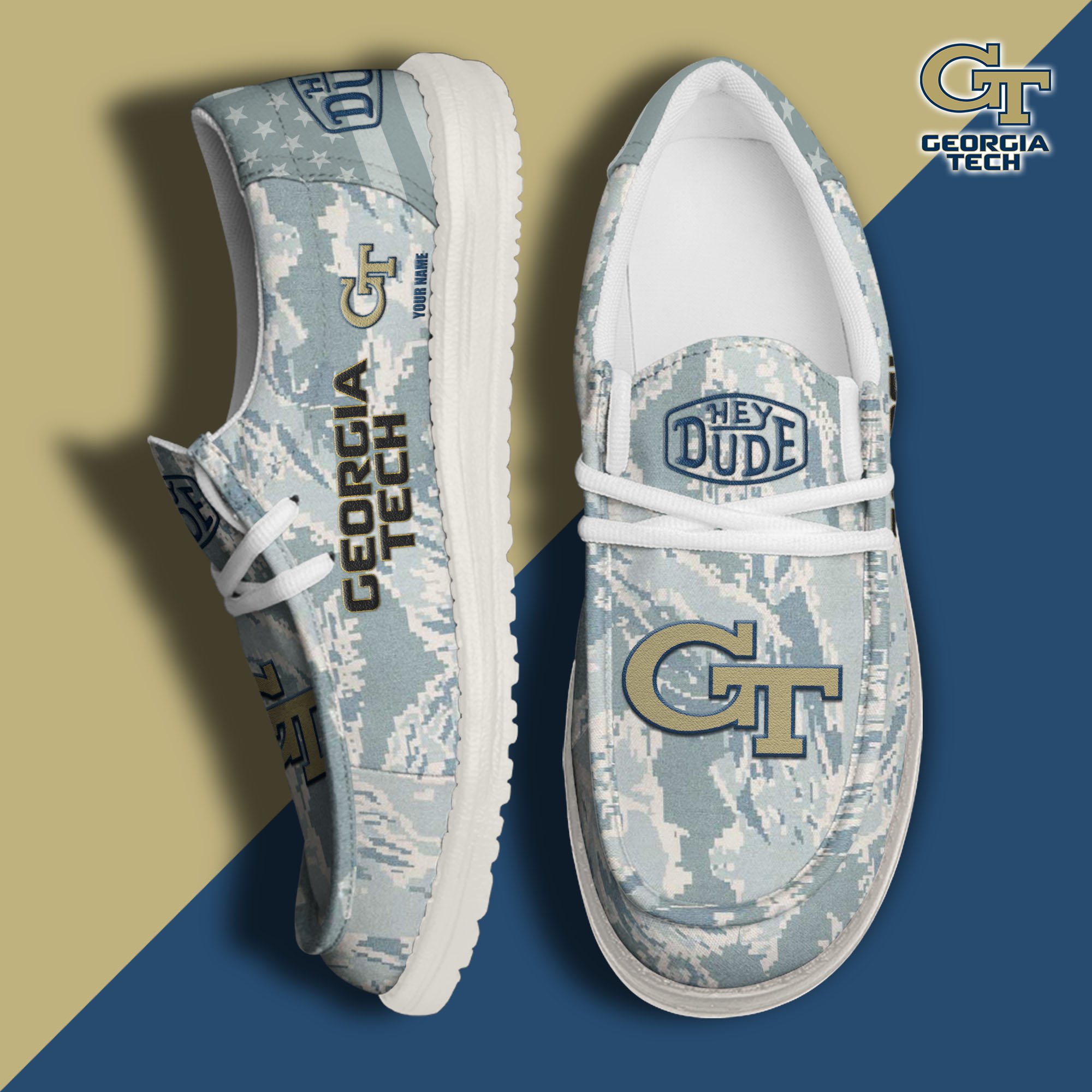 JWFancy Georgia Tech Yellow Jackets Hey Dude Shoes Wally Men's Lace Up Loafers Comfortable For Men And Women
