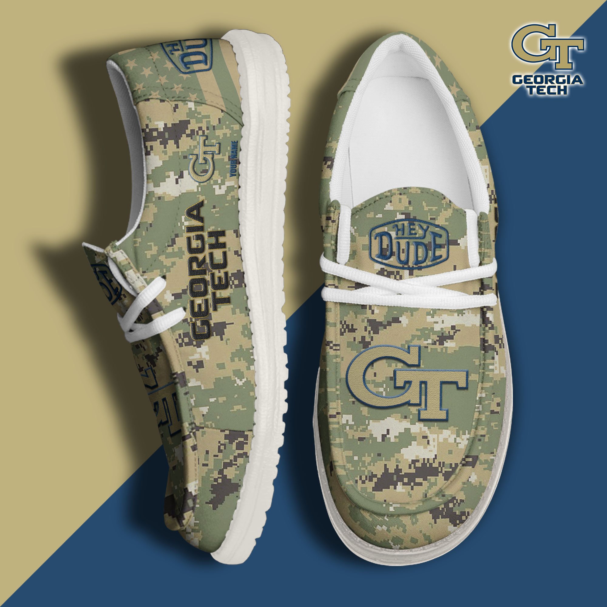 JWFancy Georgia Tech Yellow Jackets Hey Dude Shoes Wally Men's Lace Up Loafers Comfortable For Men And Women