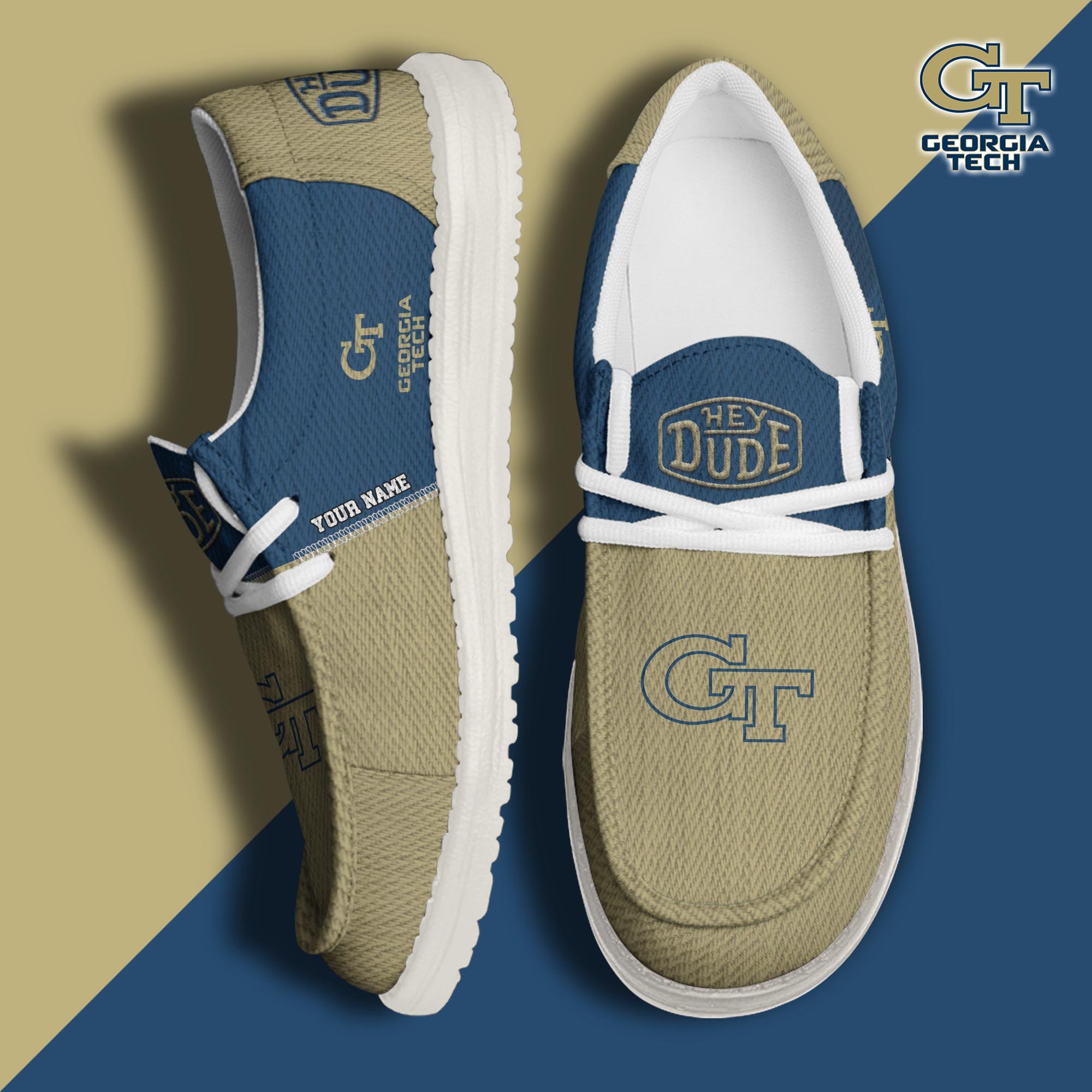 JWFancy Georgia Tech Yellow Jackets Hey Dude Shoes Wally Men's Lace Up Loafers Comfortable For Men And Women