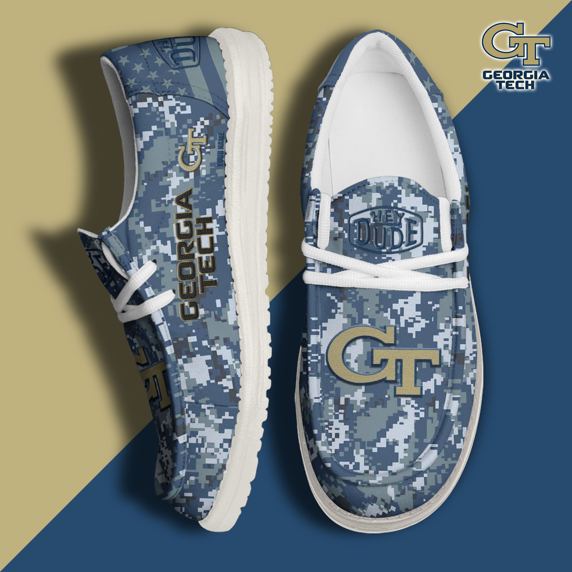 JWFancy Georgia Tech Yellow Jackets Hey Dude Shoes Wally Men's Lace Up Loafers Comfortable For Men And Women