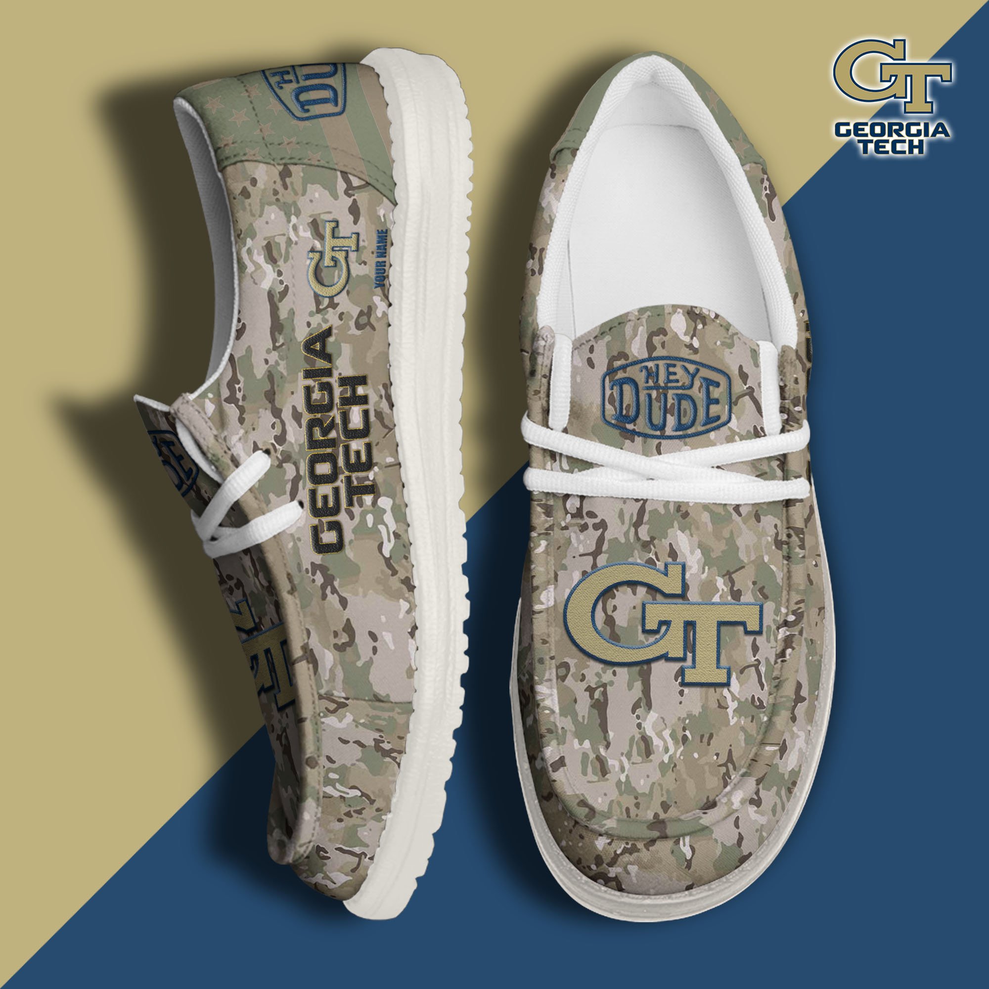 JWFancy Georgia Tech Yellow Jackets Hey Dude Shoes Wally Men's Lace Up Loafers Comfortable For Men And Women