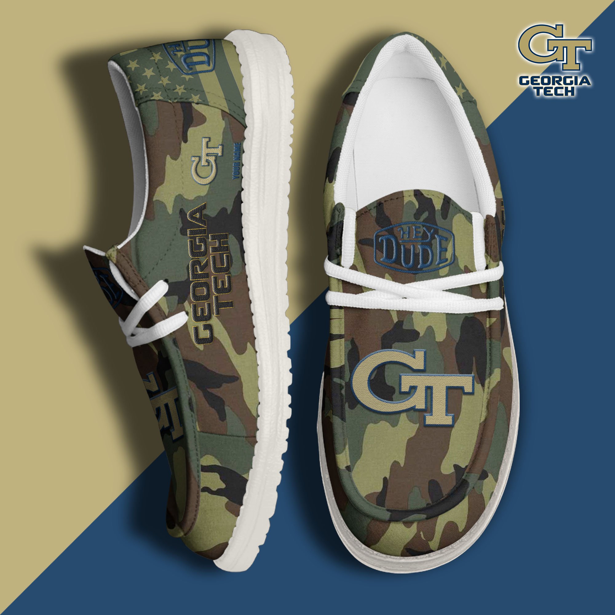 JWFancy Georgia Tech Yellow Jackets Hey Dude Shoes Wally Men's Lace Up Loafers Comfortable For Men And Women