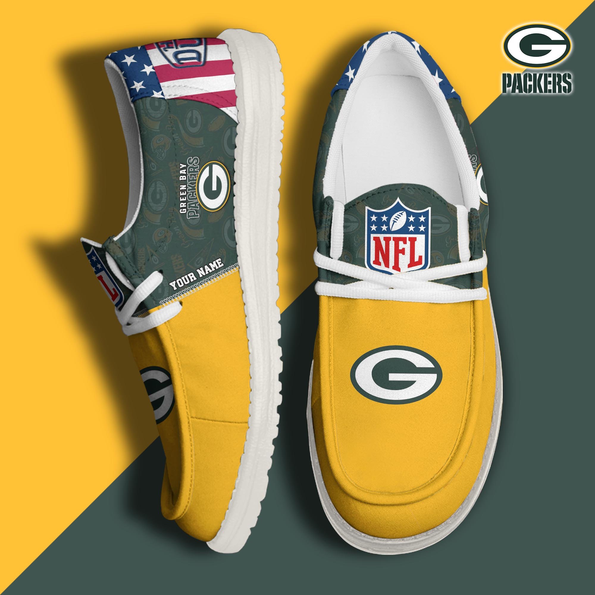 JWFancy Green Bay Packers Hey Dude Shoes Wally Men's Lace Up Loafers Comfortable For Men And Women