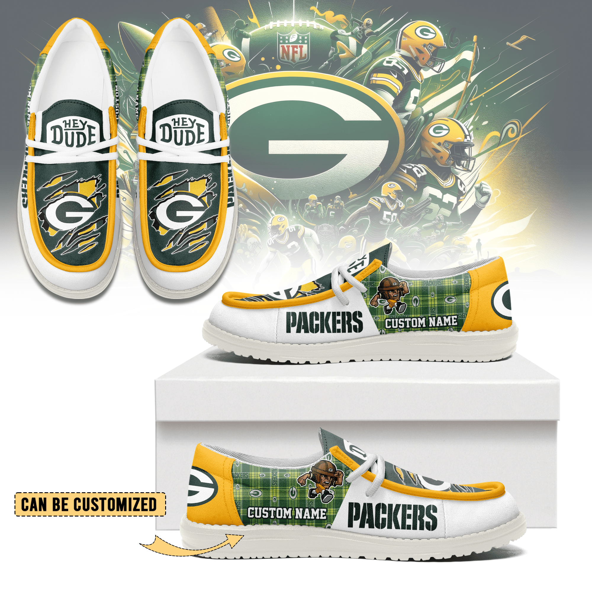 JWFancy Green Bay Packers Hey Dude Shoes Wally Men’s Lace Up Loafers Comfortable For Men And Women