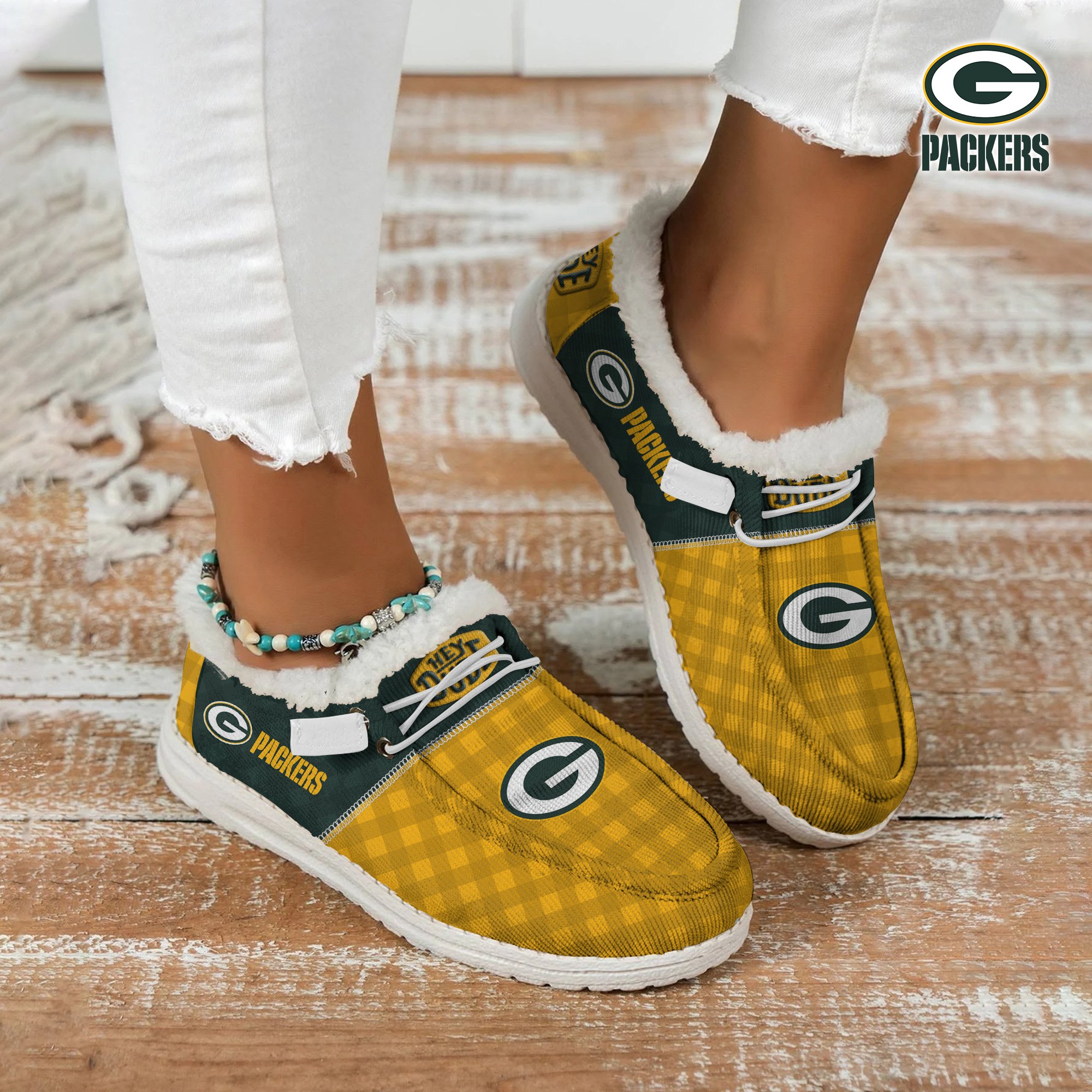 JWFancy Green Bay Packers Personalized Hey Dude With Warm Fur Lining Shoes For Men And Women