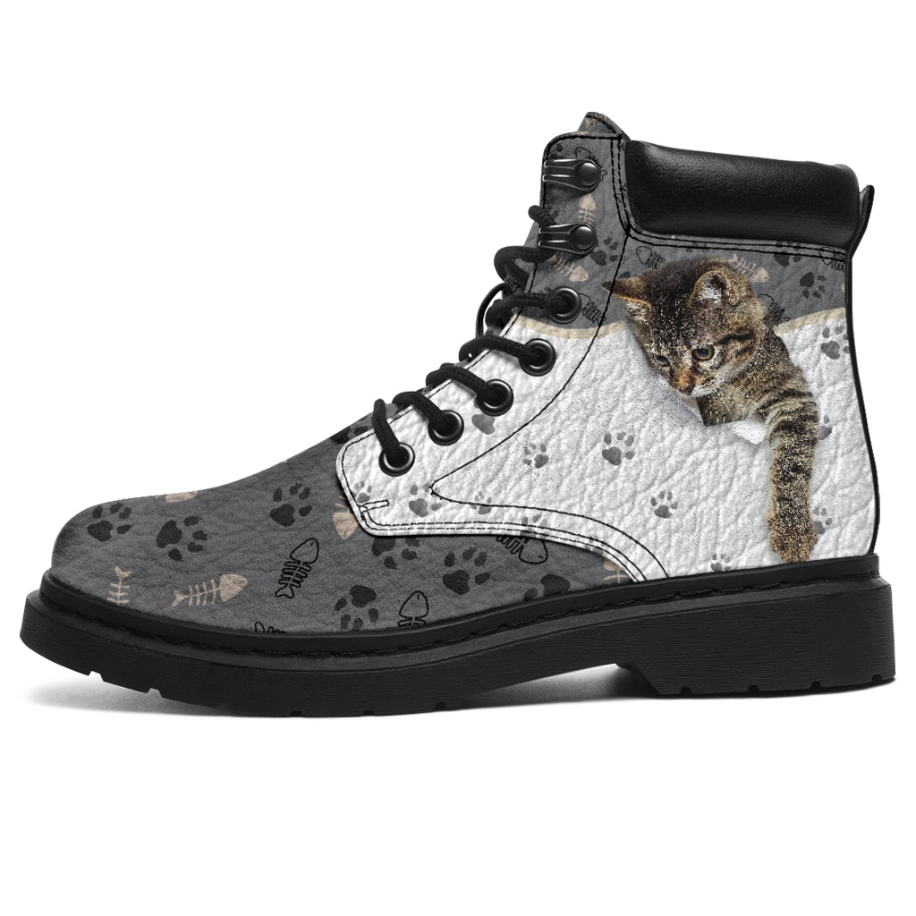 JWFancy Kitten Leather Pattern Print Cat Boots Shoes For Men And Women