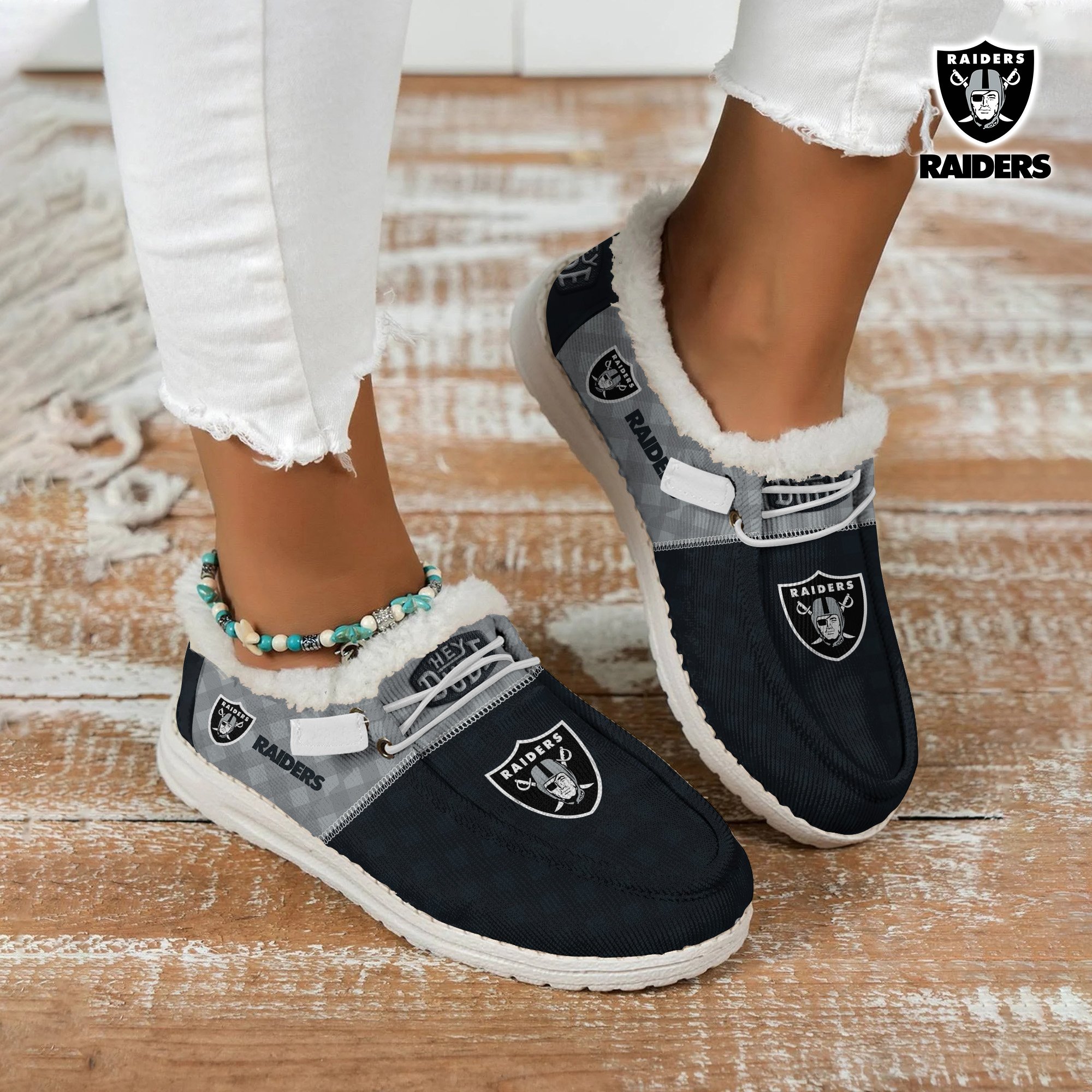 JWFancy Las Vegas Raiders Personalized Hey Dude With Warm Fur Lining Shoes For Men And Women