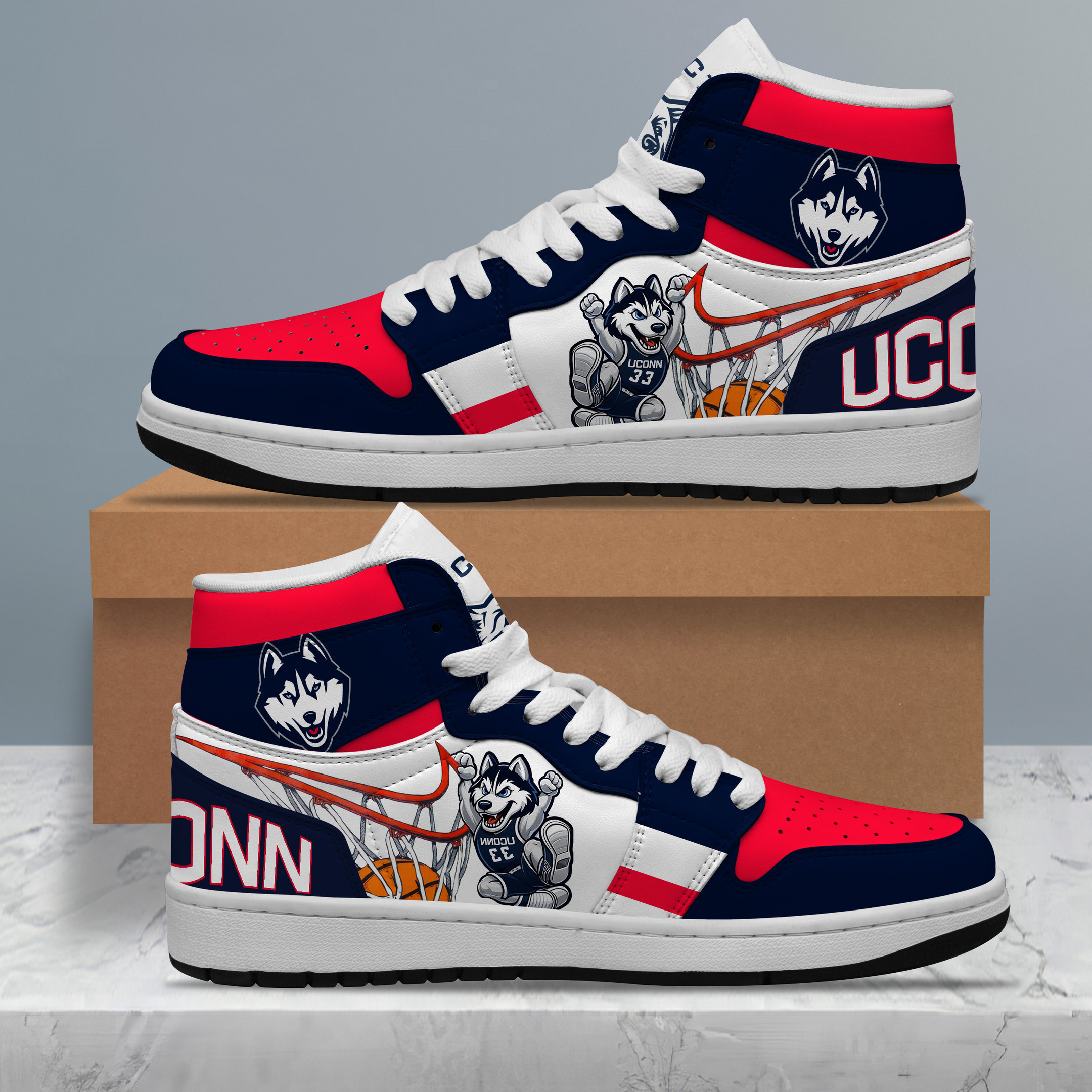 JWFancy UConn Huskies AJ1 High Sneakers Shoes For Men And Women