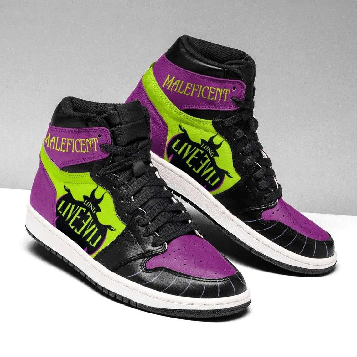JWFancy Villian Maleficent Purple Green AJ1 High Sneakers Shoes For Men And Women