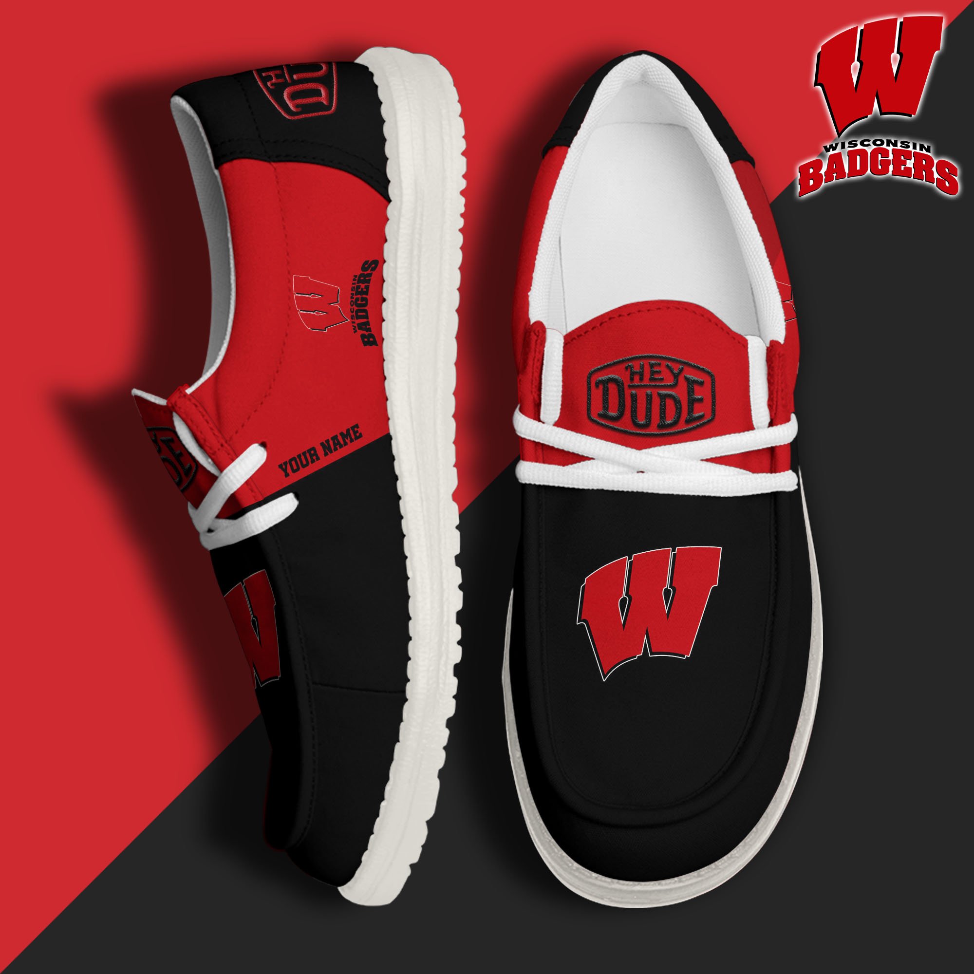 JWFancy Wisconsin Badgers Hey Dude Shoes Wally Men's Lace Up Loafers Comfortable For Men And Women