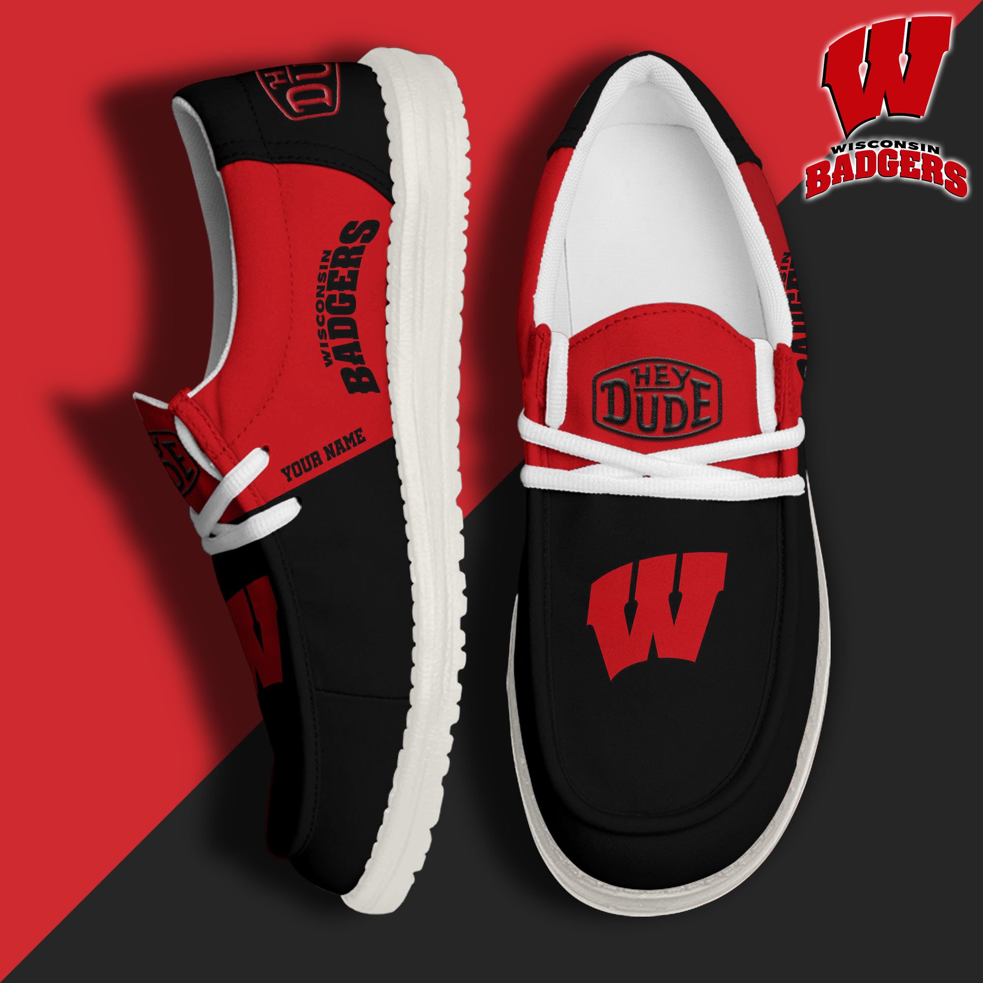 JWFancy Wisconsin Badgers Hey Dude Shoes Wally Men's Lace Up Loafers Comfortable For Men And Women
