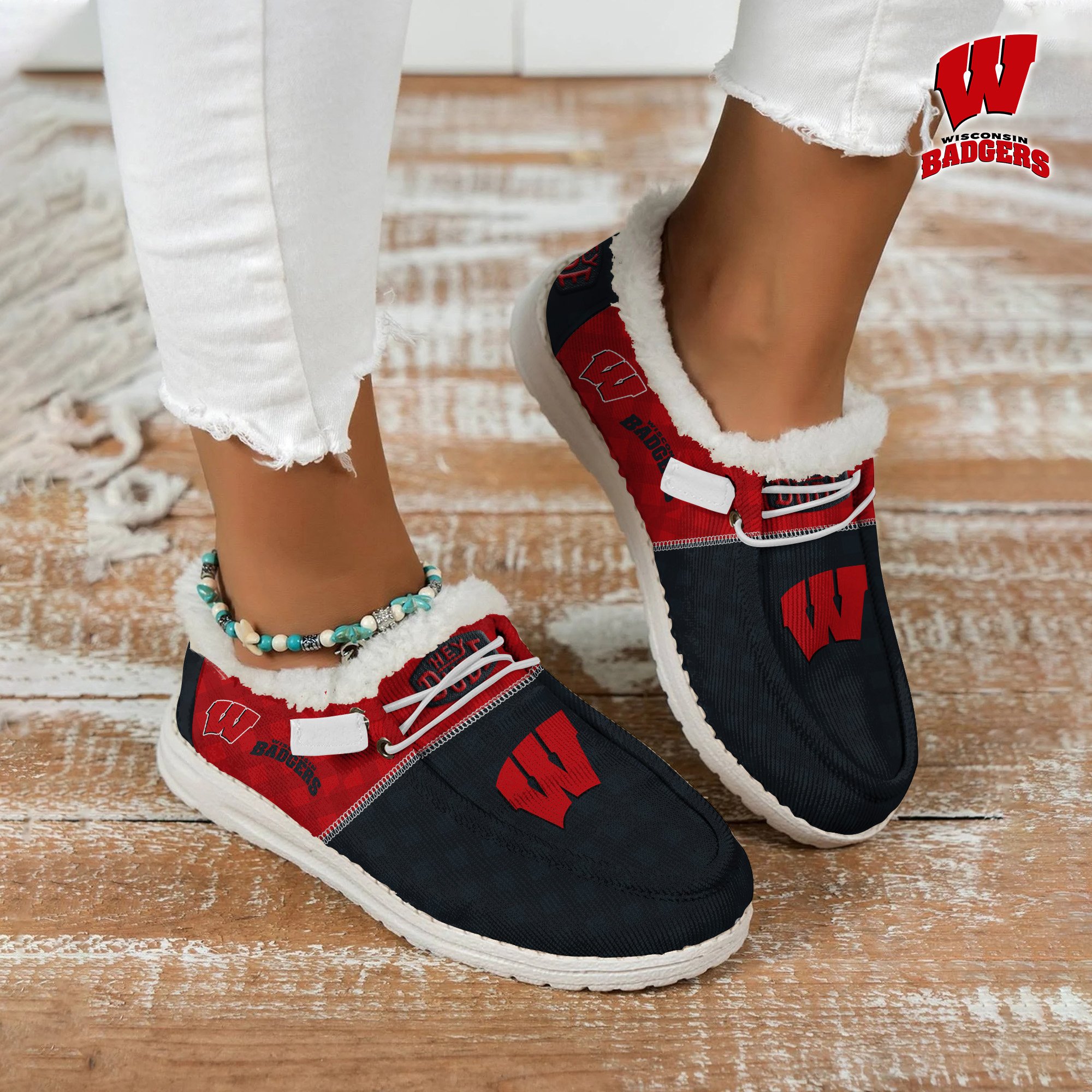 JWFancy Wisconsin Badgers Hey Dude Shoes Wally Men's Lace Up Loafers Comfortable For Men And Women