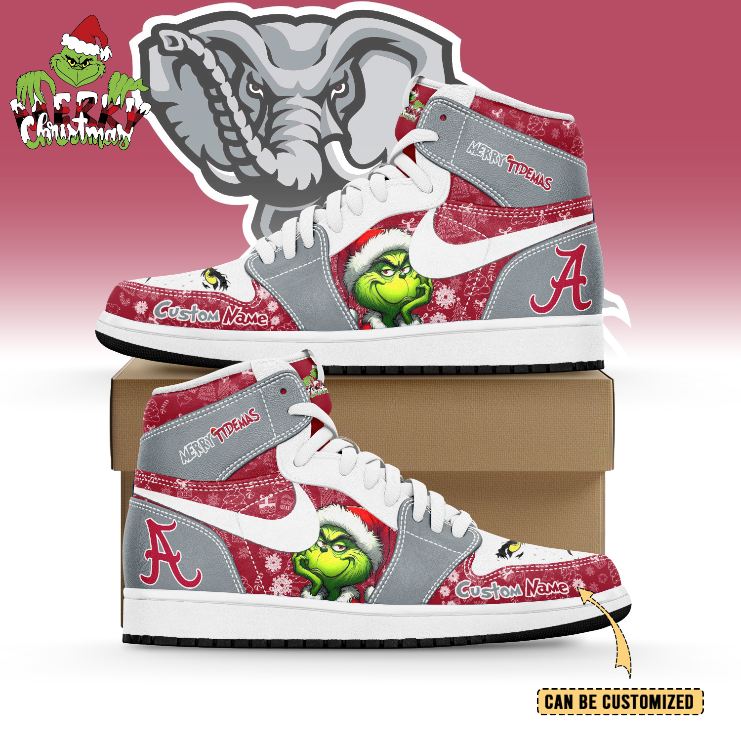 JWFancy Alabama Crimson Tide x  The Grinch x Christmas AJ1 High Sneakers Shoes For Men And Women
