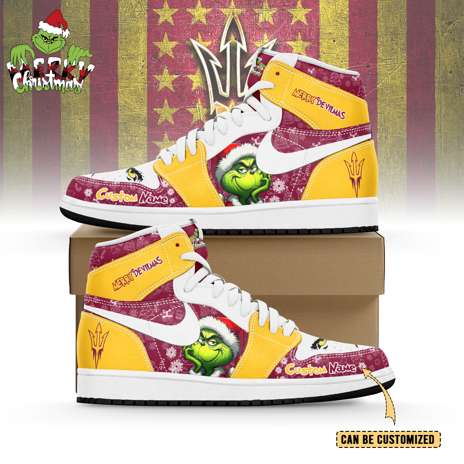 JWFancy Arizona State Sun Devils x The Grinch x Christmas AJ1 High Sneakers Shoes For Men And Women